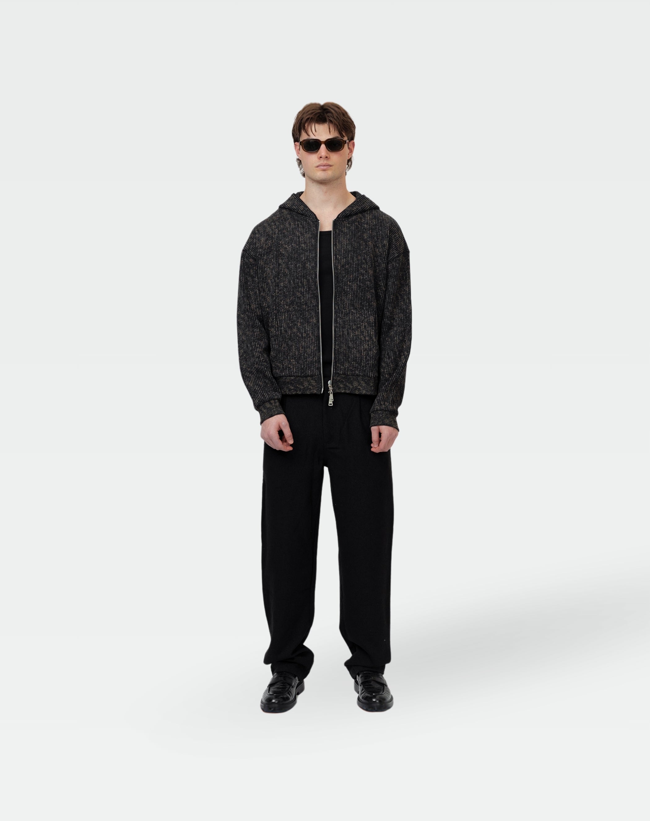 Crop Knitted Zip Up Hoodie : Black