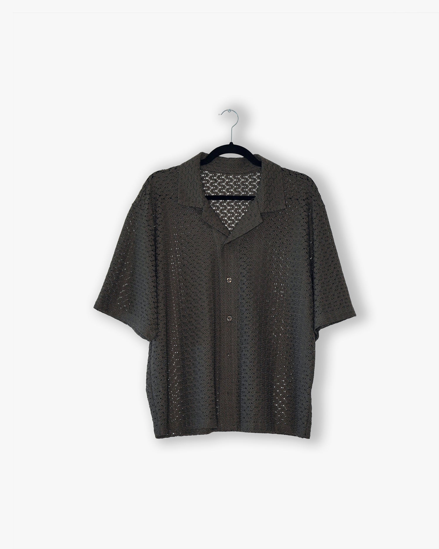 [#08] : Cropped Lace Short Sleeve Button Down – Grey – L