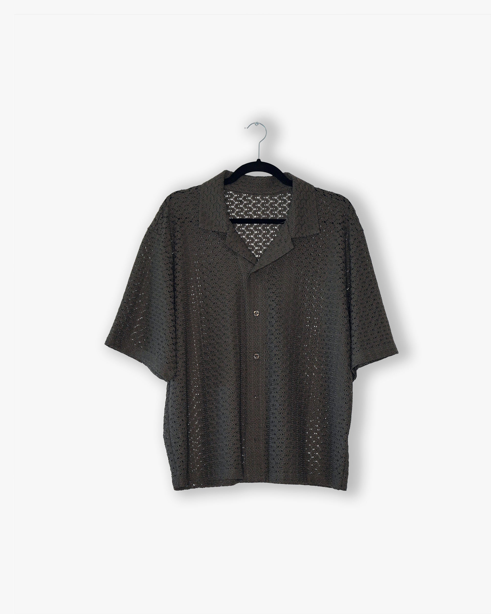 [#08] : Cropped Lace Short Sleeve Button Down – Grey – L