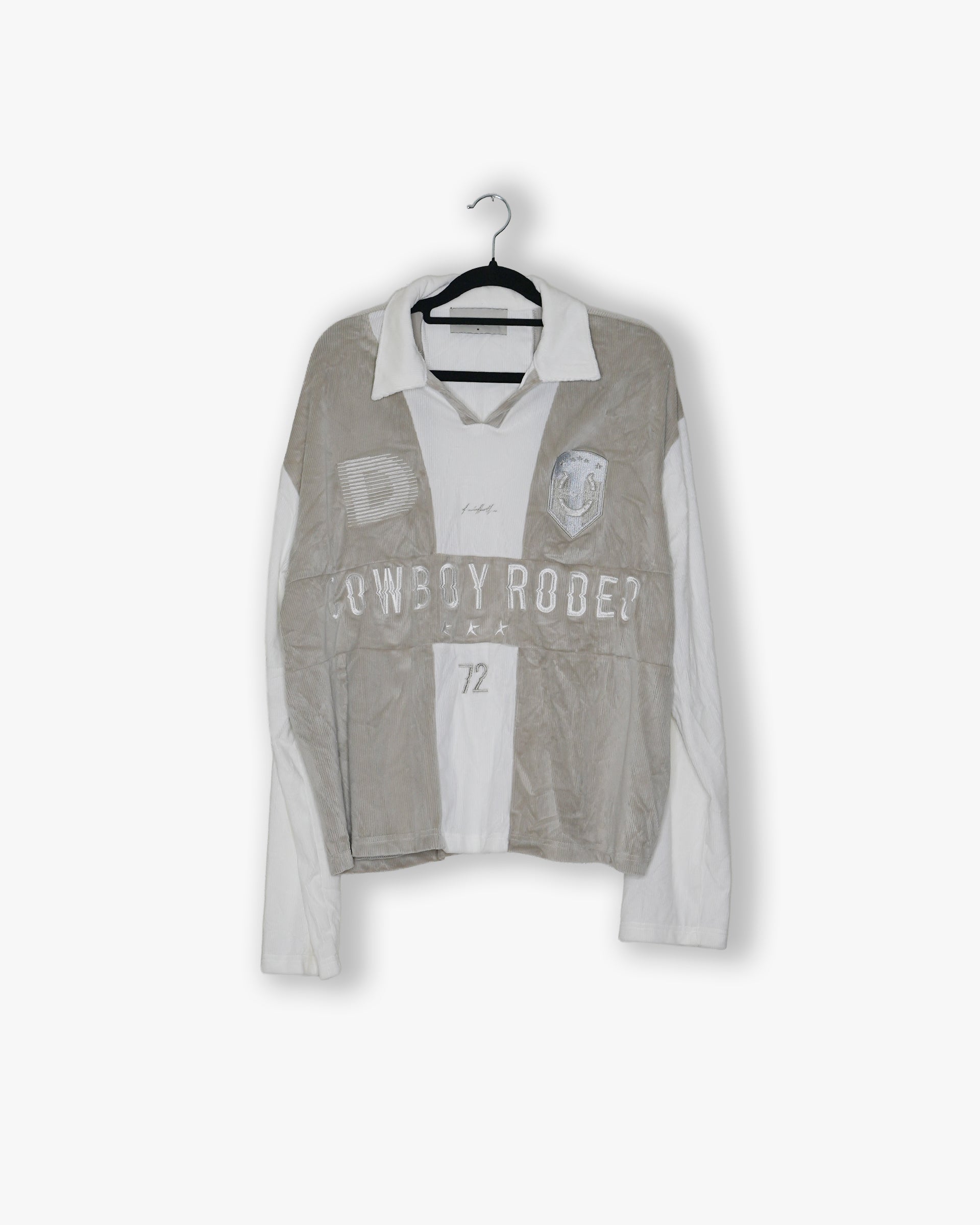 [#181] : Soccer Longsleeve Polo Shirt - White/Tan - M