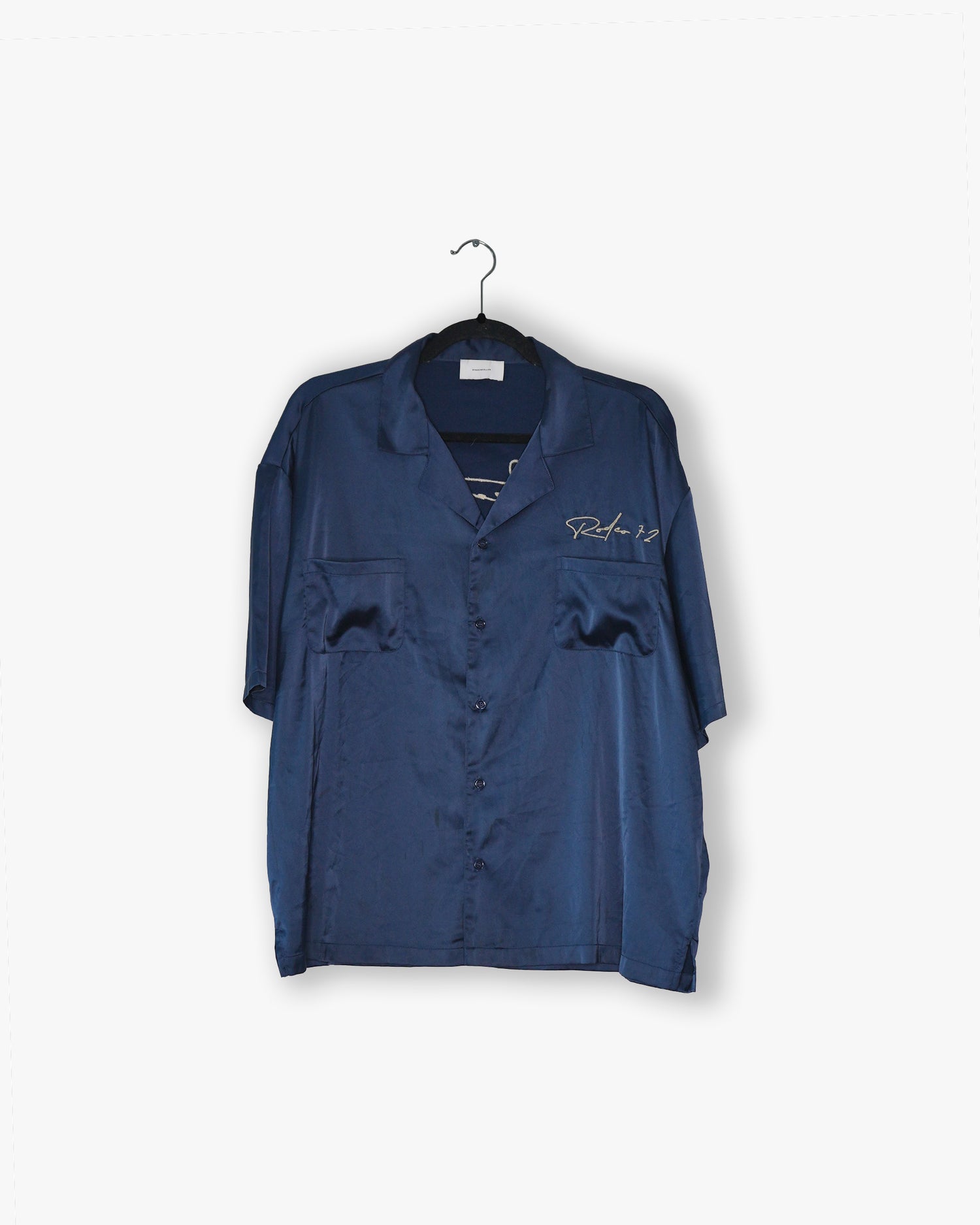 [#20] : Heartbreak Rodeo Silk Short Sleeve Button Up Shirt – Navy – L