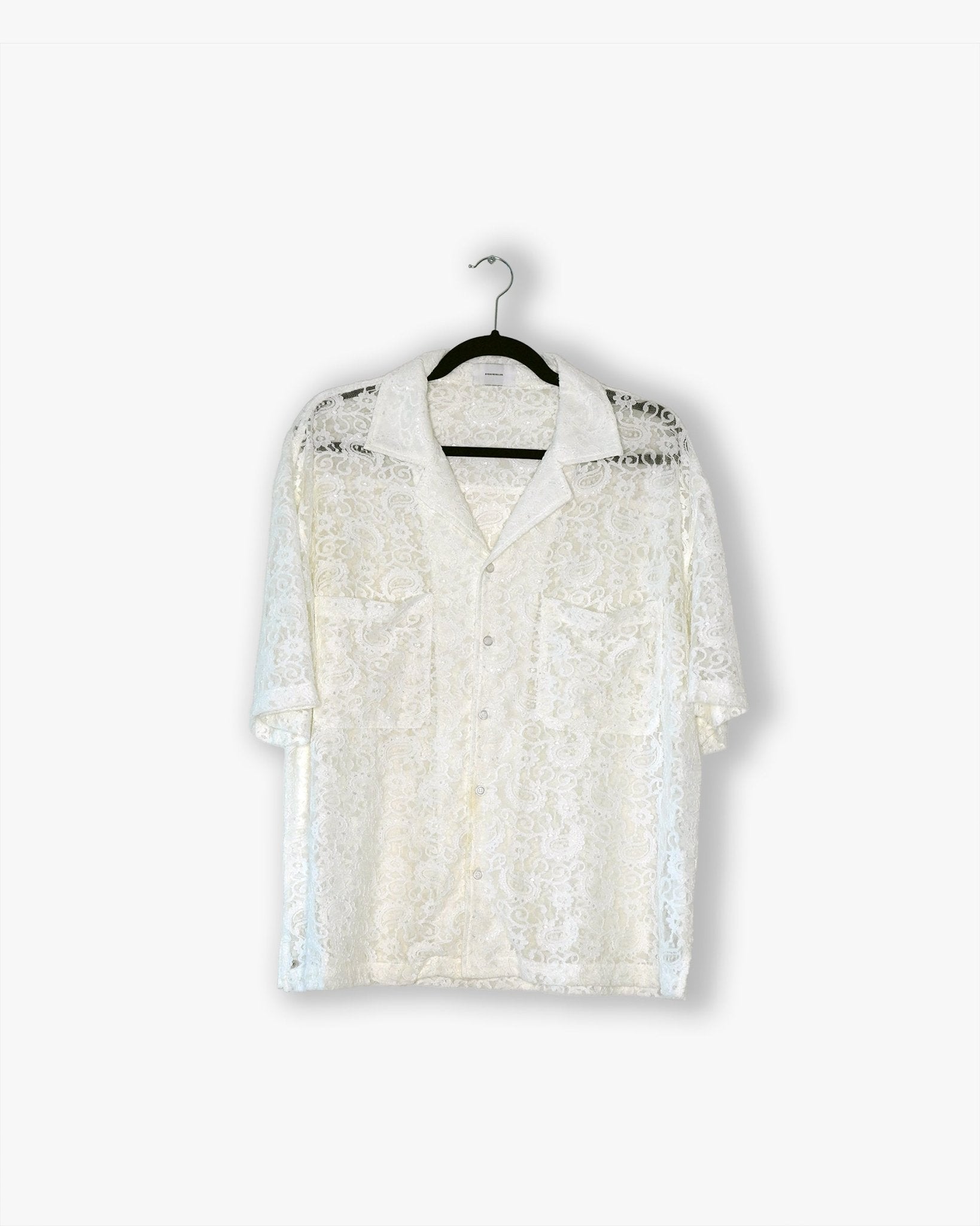 [22] : Cropped Lace Short Sleeve Button Down – White – L - BDK