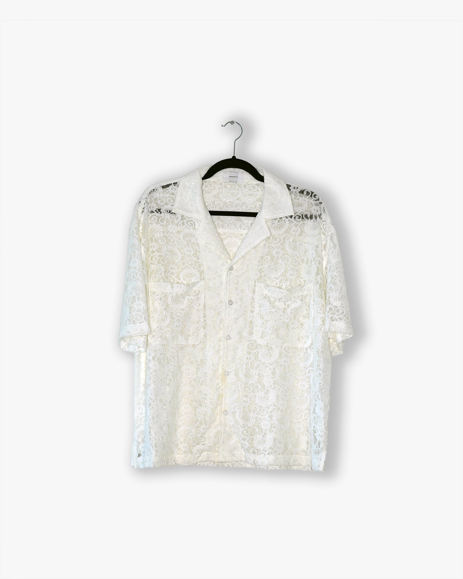 [#22] : Cropped Lace Short Sleeve Button Down – White – L