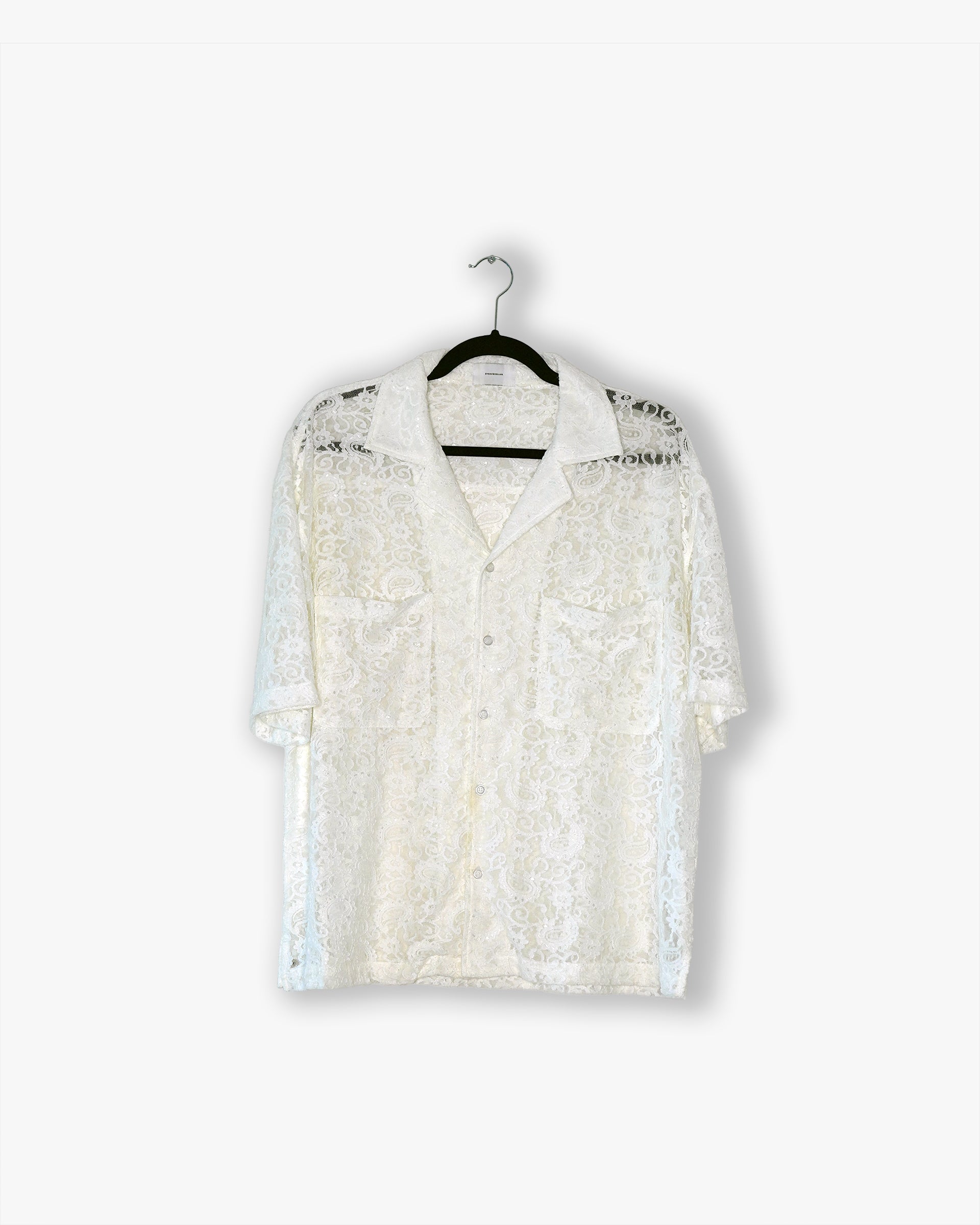 [#22] : Cropped Lace Short Sleeve Button Down – White – L