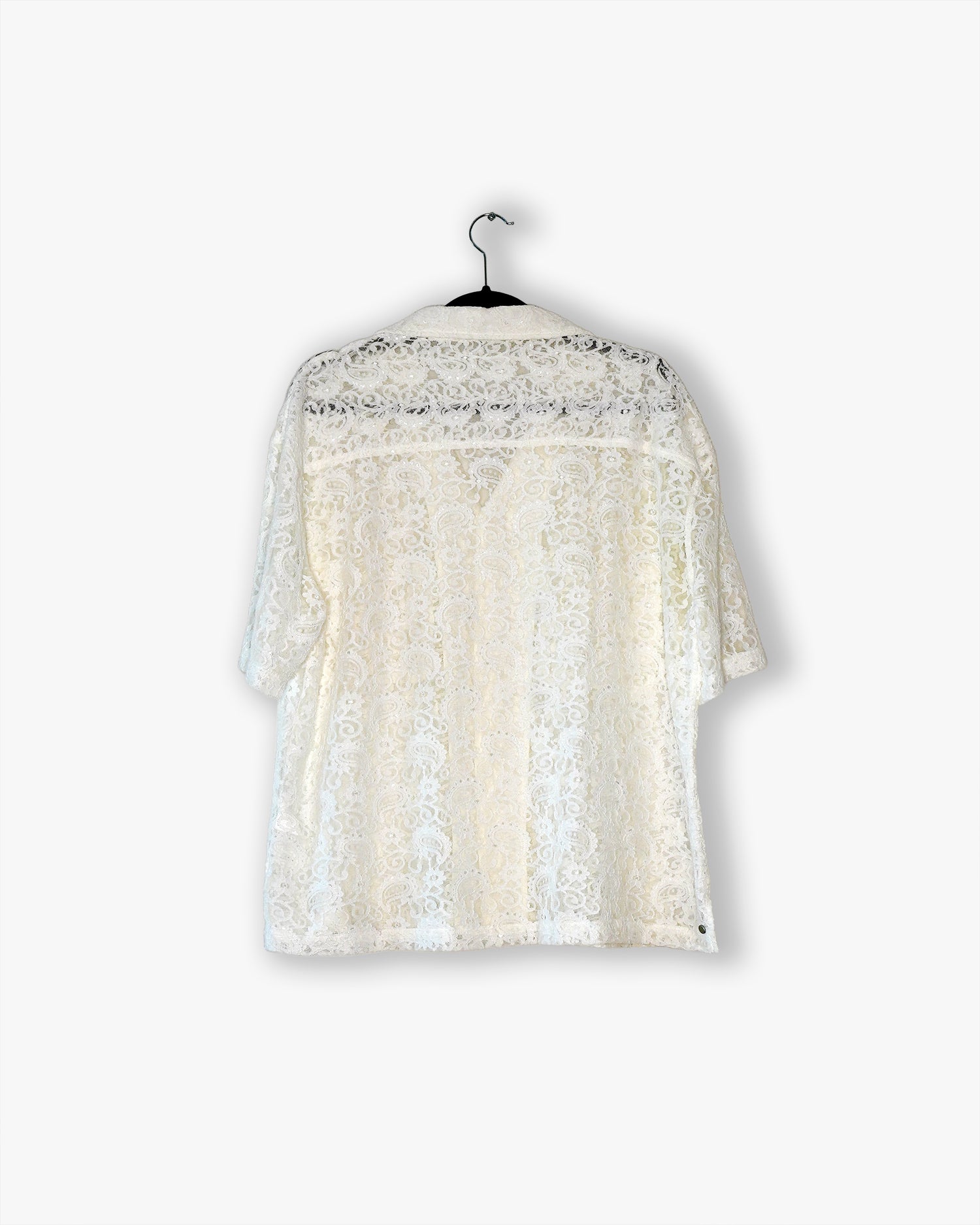 [#22] : Cropped Lace Short Sleeve Button Down – White – L
