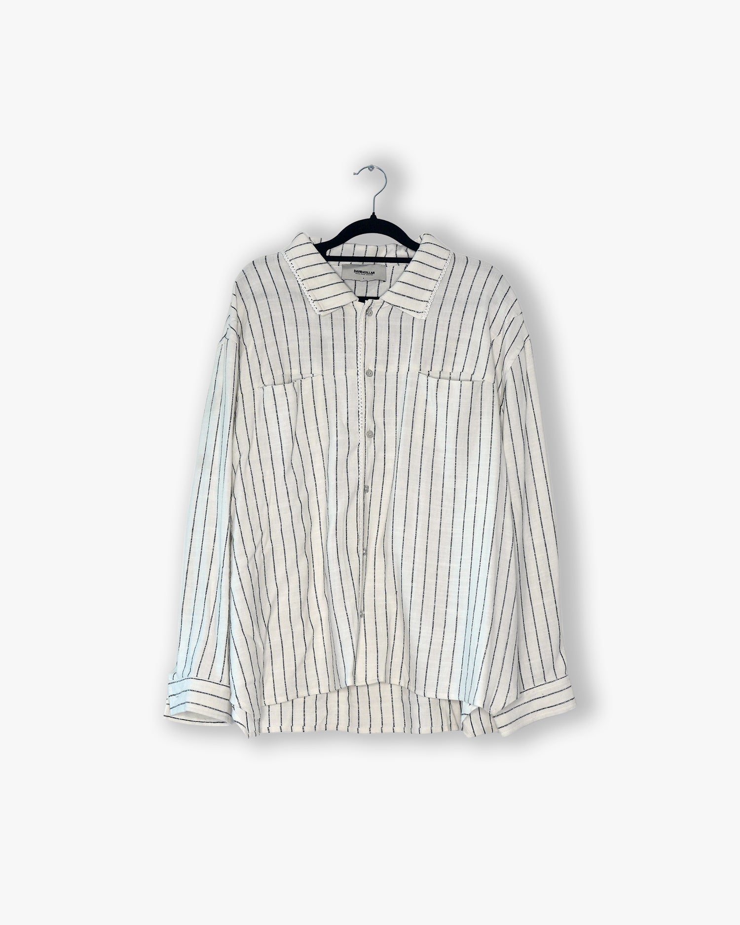[#24] : Linen Pinstripe Longsleeve Button Up – White/Black Pinstripe – M
