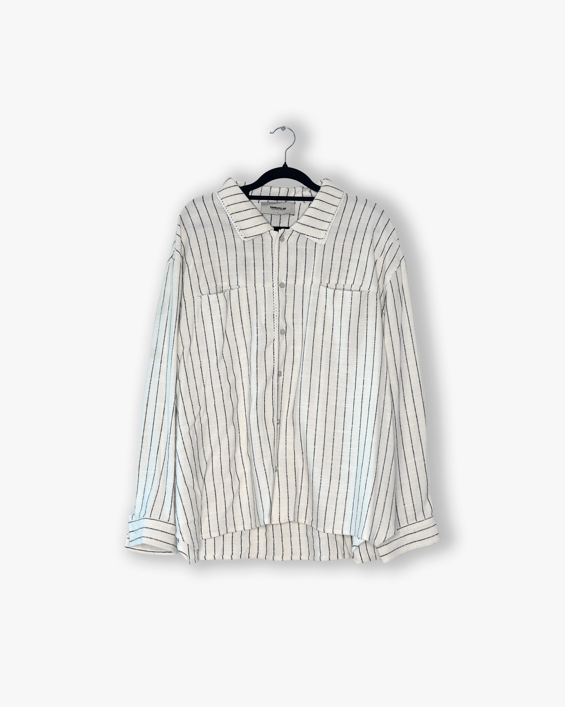[#24] : Linen Pinstripe Longsleeve Button Up – White/Black Pinstripe – M