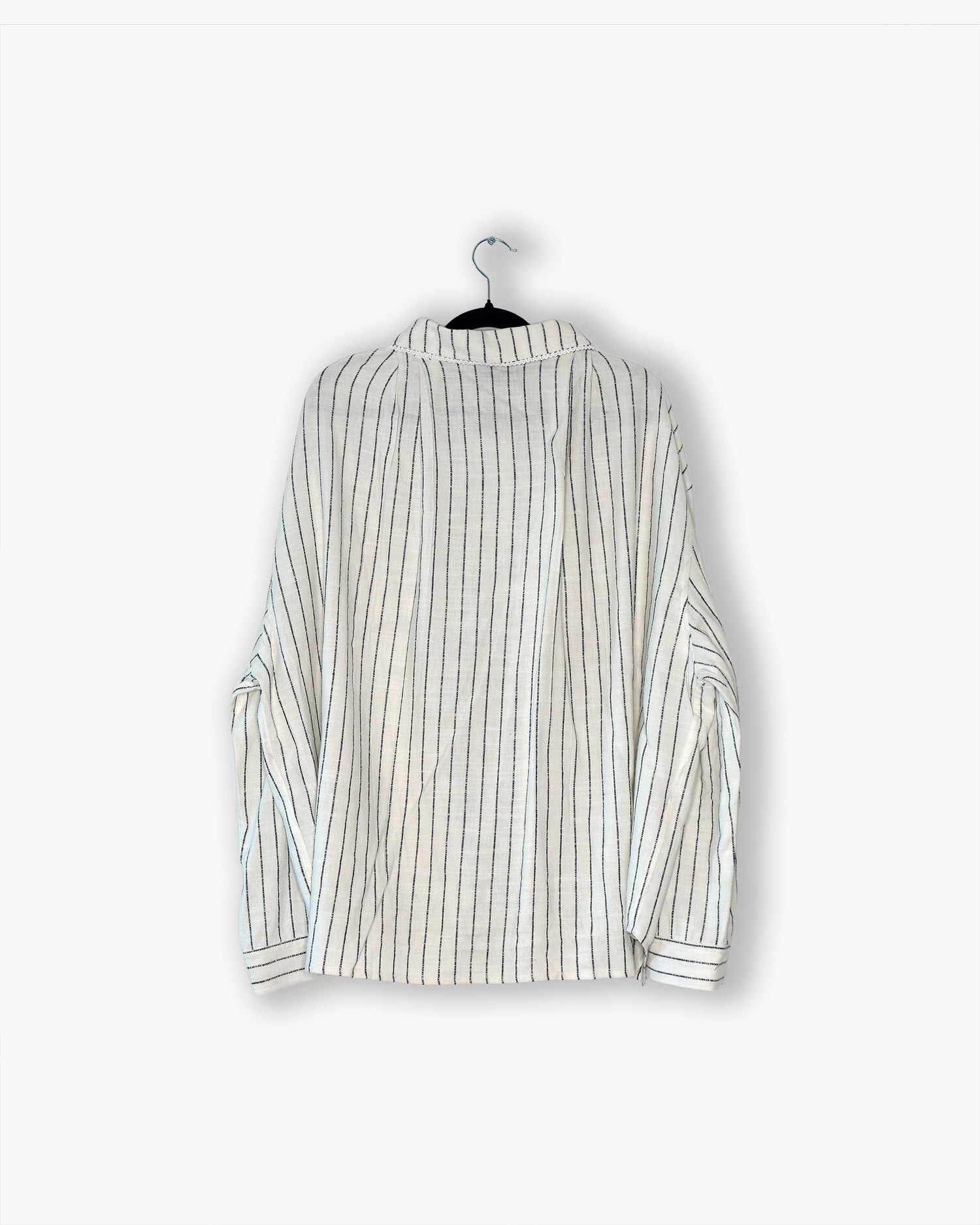 [#24] : Linen Pinstripe Longsleeve Button Up – White/Black Pinstripe – M