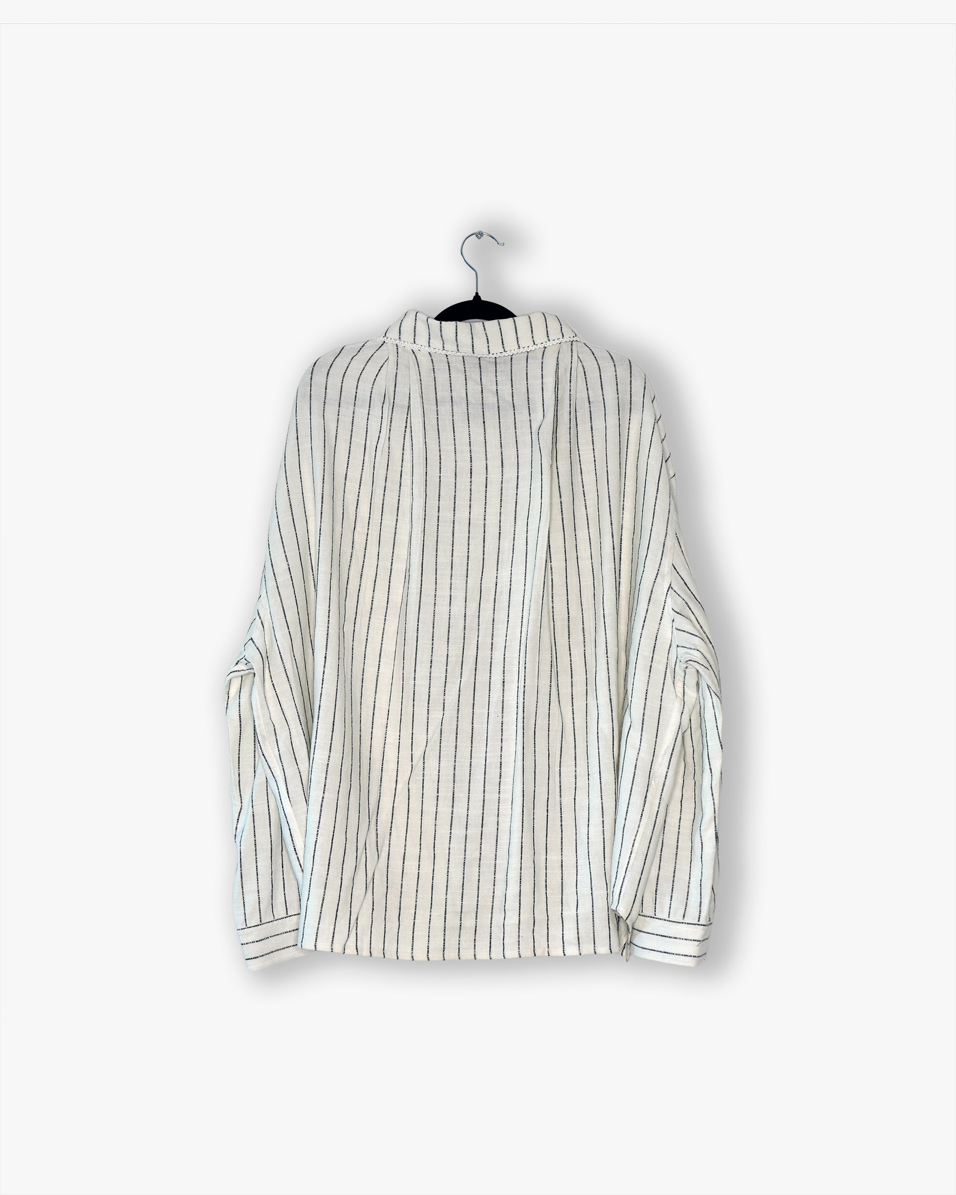 [#24] : Linen Pinstripe Longsleeve Button Up – White/Black Pinstripe – M