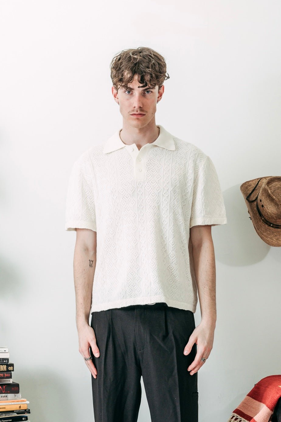 [258] : Knit Short Sleeve Polo Shirt – White – L - BDK