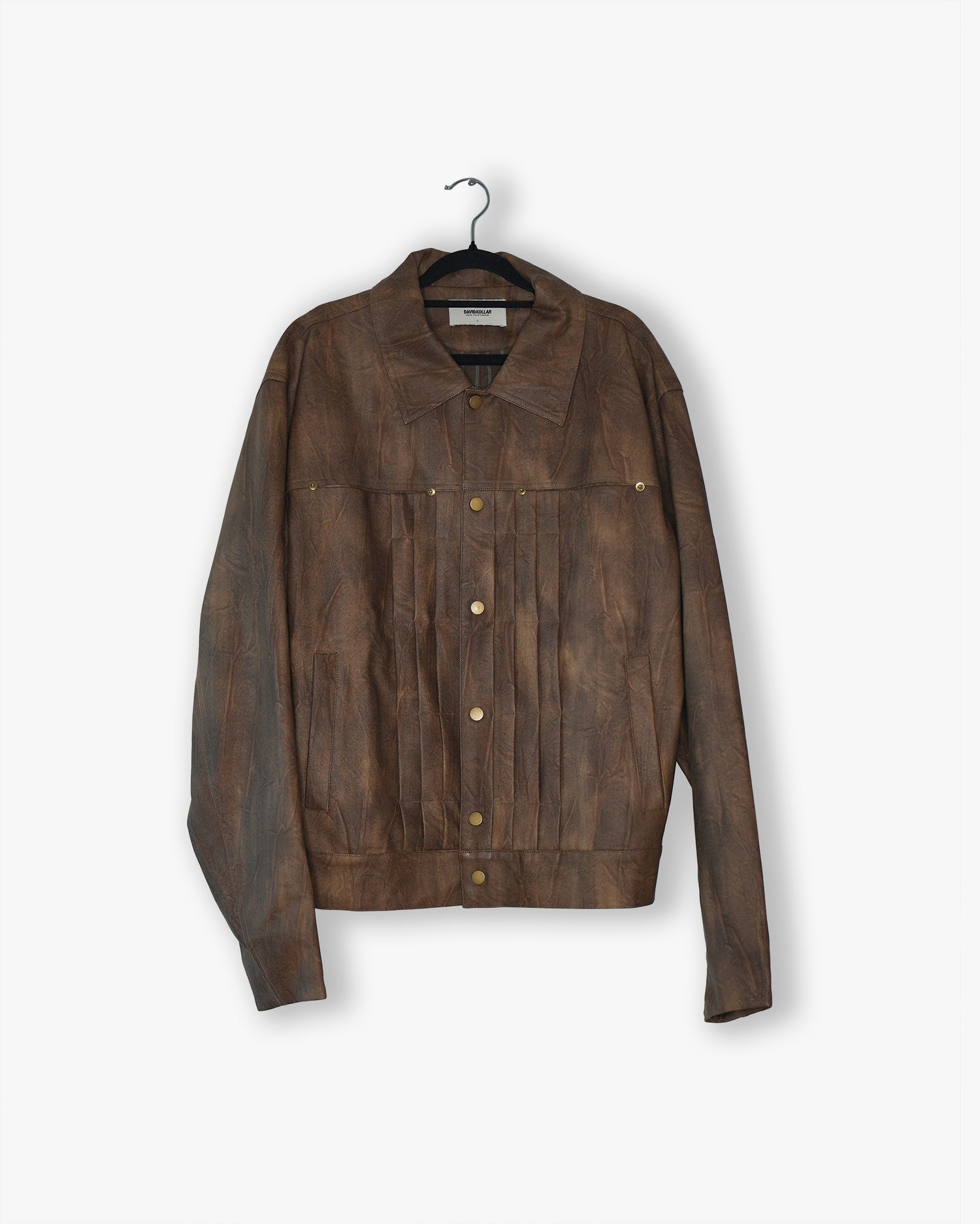 [#27] : Pleated Pleather Trucker Jacket – Brown – L