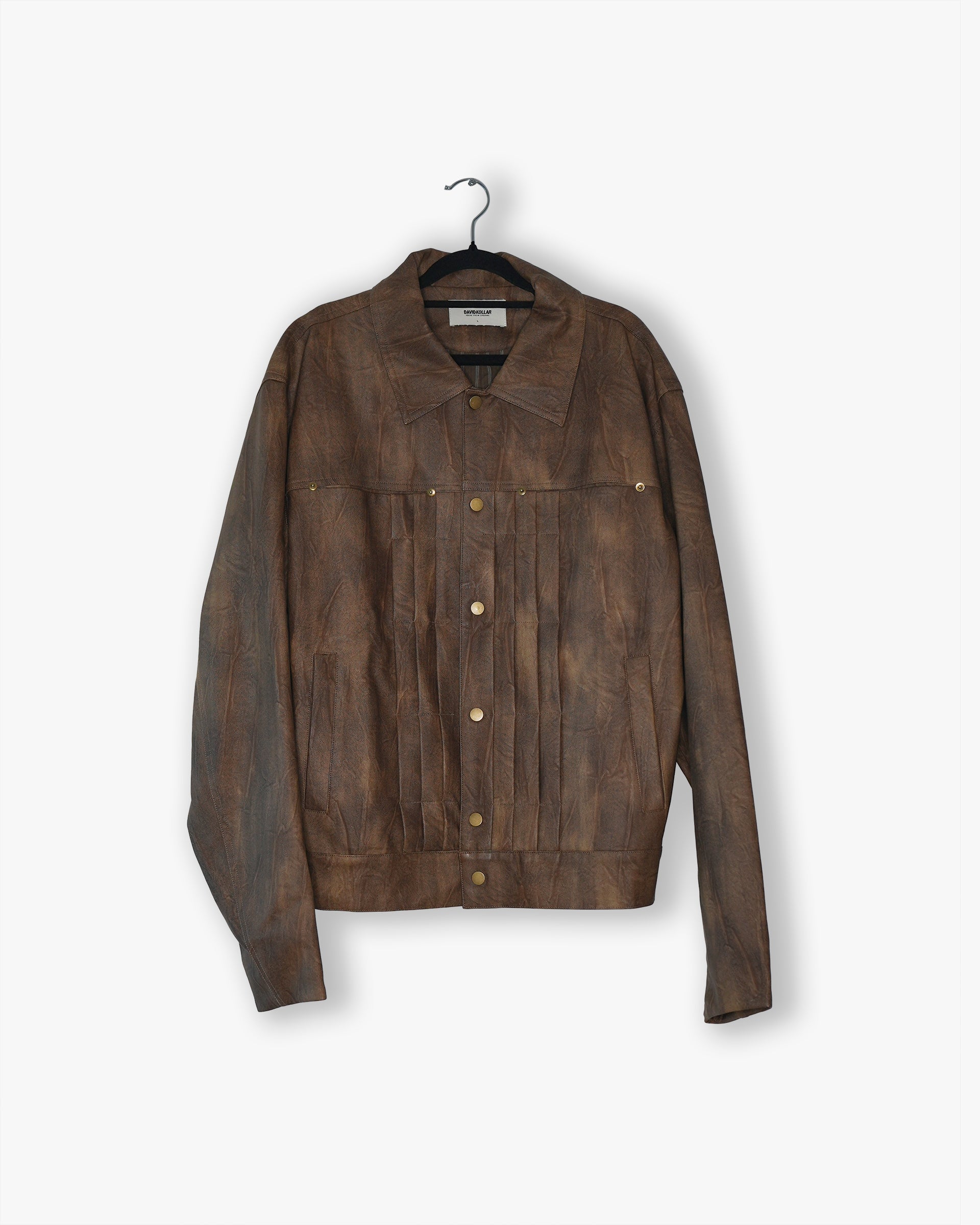 [#27] : Pleated Pleather Trucker Jacket – Brown – L