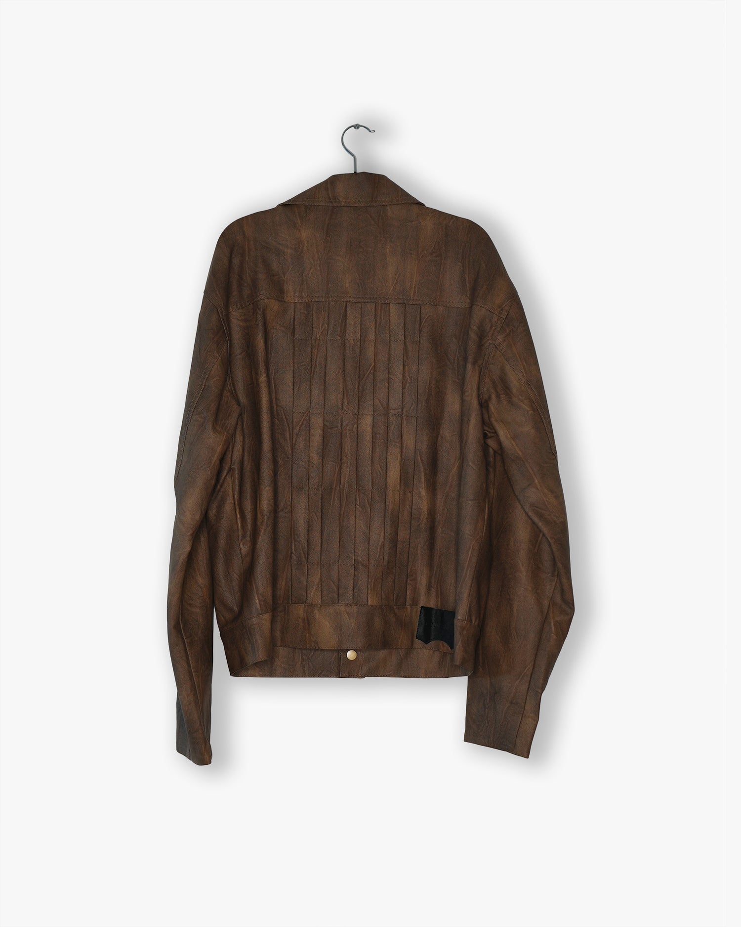 [#27] : Pleated Pleather Trucker Jacket – Brown – L