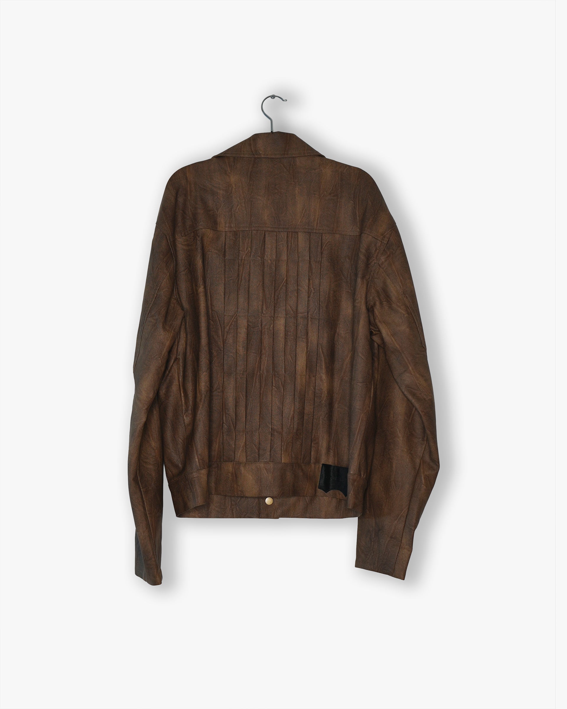 [#27] : Pleated Pleather Trucker Jacket – Brown – L