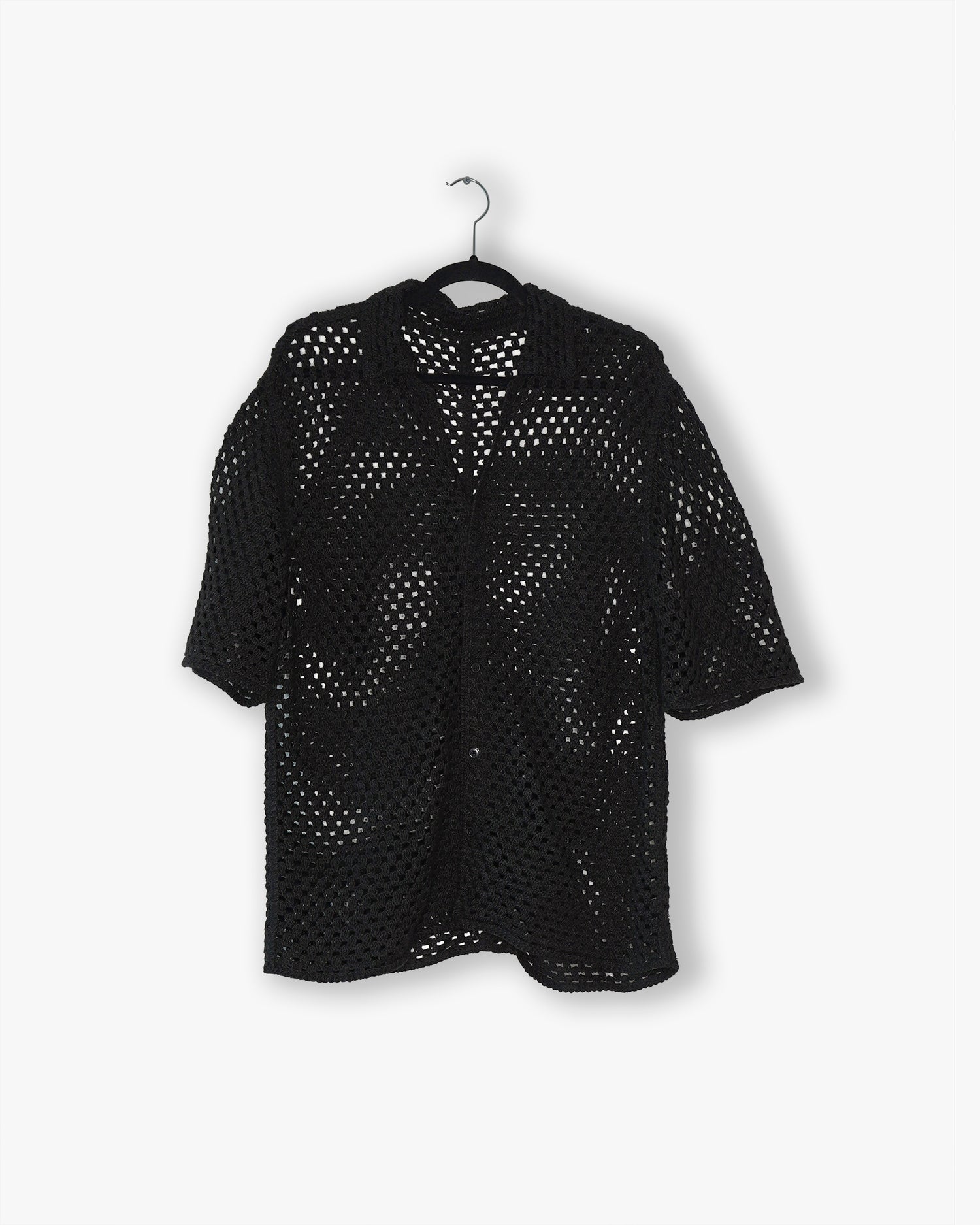 [#30] : Crochet Short Sleeve Button Down – Black – L