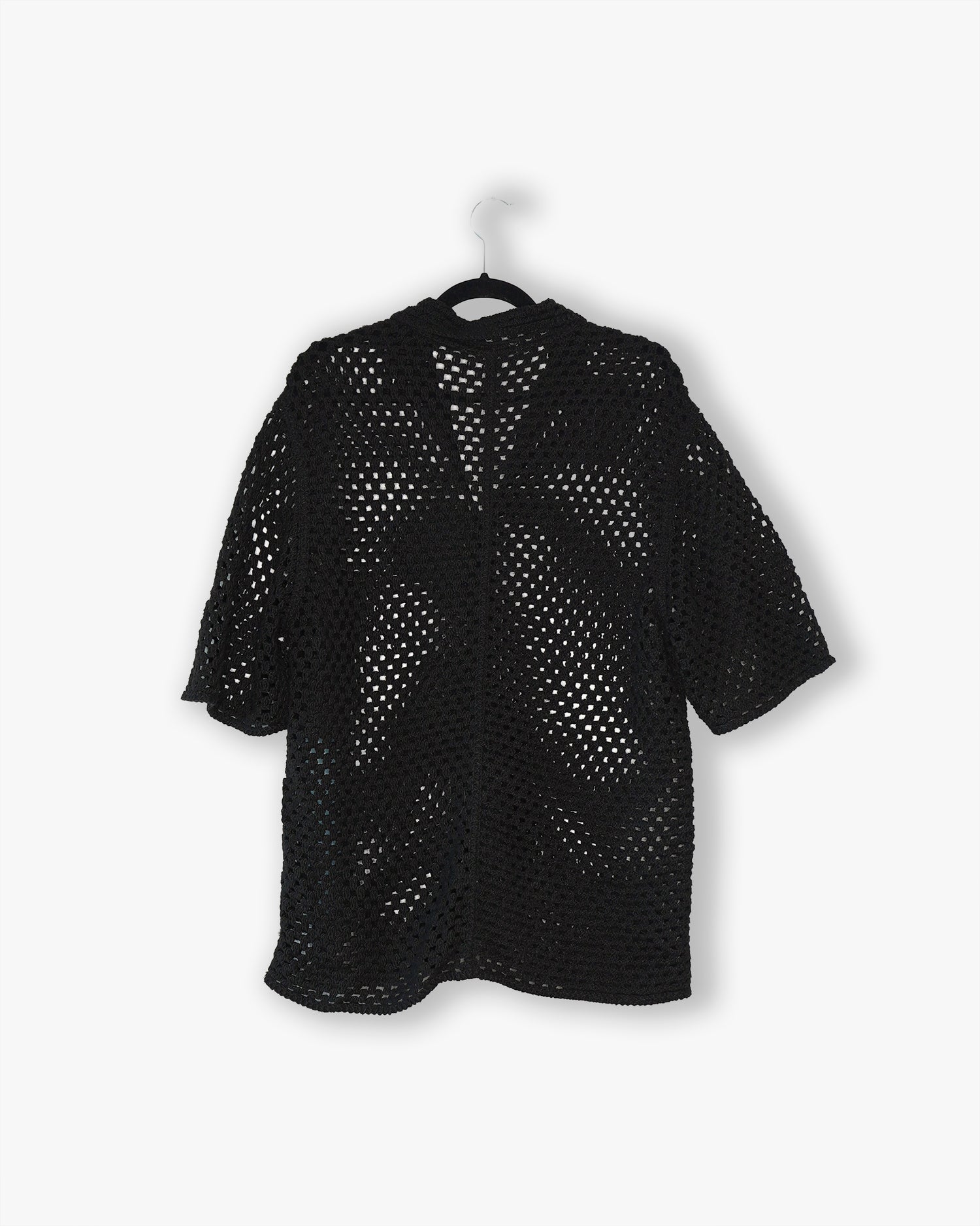 [#30] : Crochet Short Sleeve Button Down – Black – L