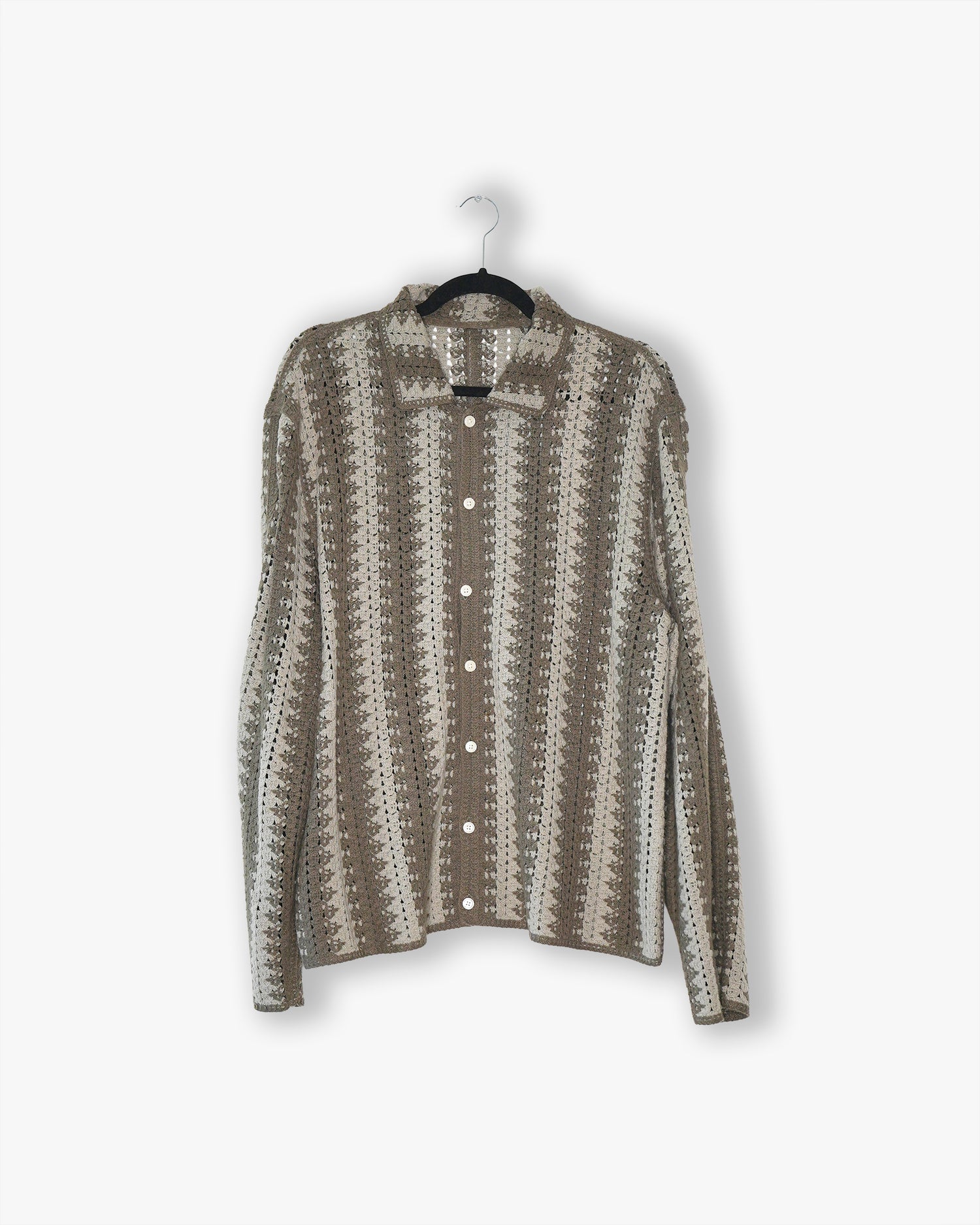 [#33] : Striped Crochet Longsleeve Button Up – Neutrals – L