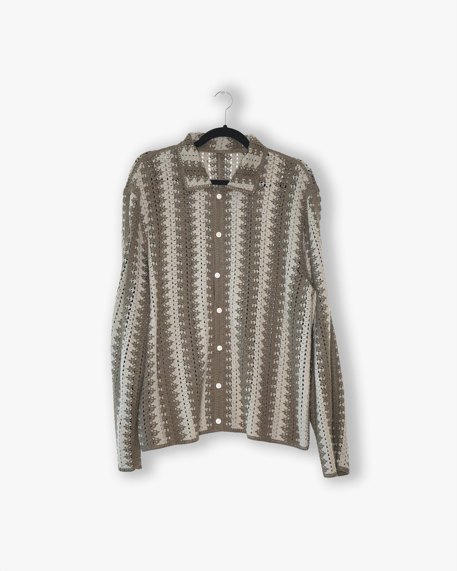 [#33] : Striped Crochet Longsleeve Button Up – Neutrals – L