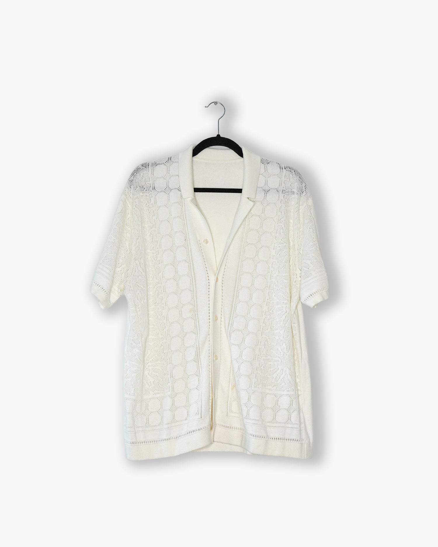 [#34] : Knitted Lace Short Sleeve Button Up – Off White – L