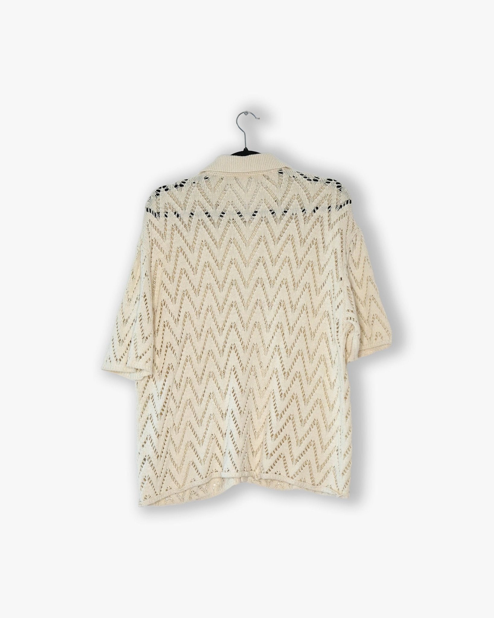 [35] : Knitted Zig Zag Short Sleeve Button Up – Off White – L - BDK