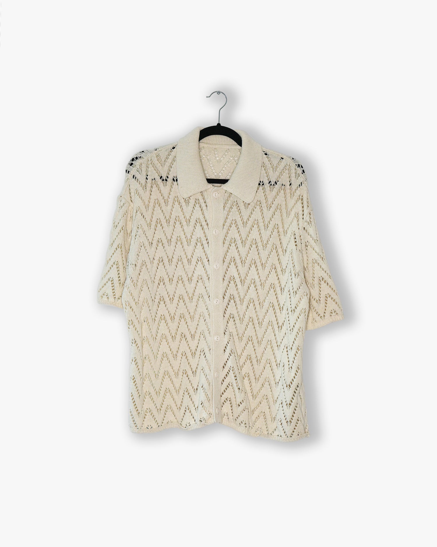 [#35] : Knitted Zig Zag Short Sleeve Button Up – Off White – L