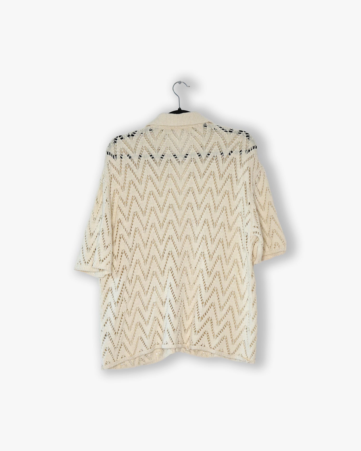 [#35] : Knitted Zig Zag Short Sleeve Button Up – Off White – L