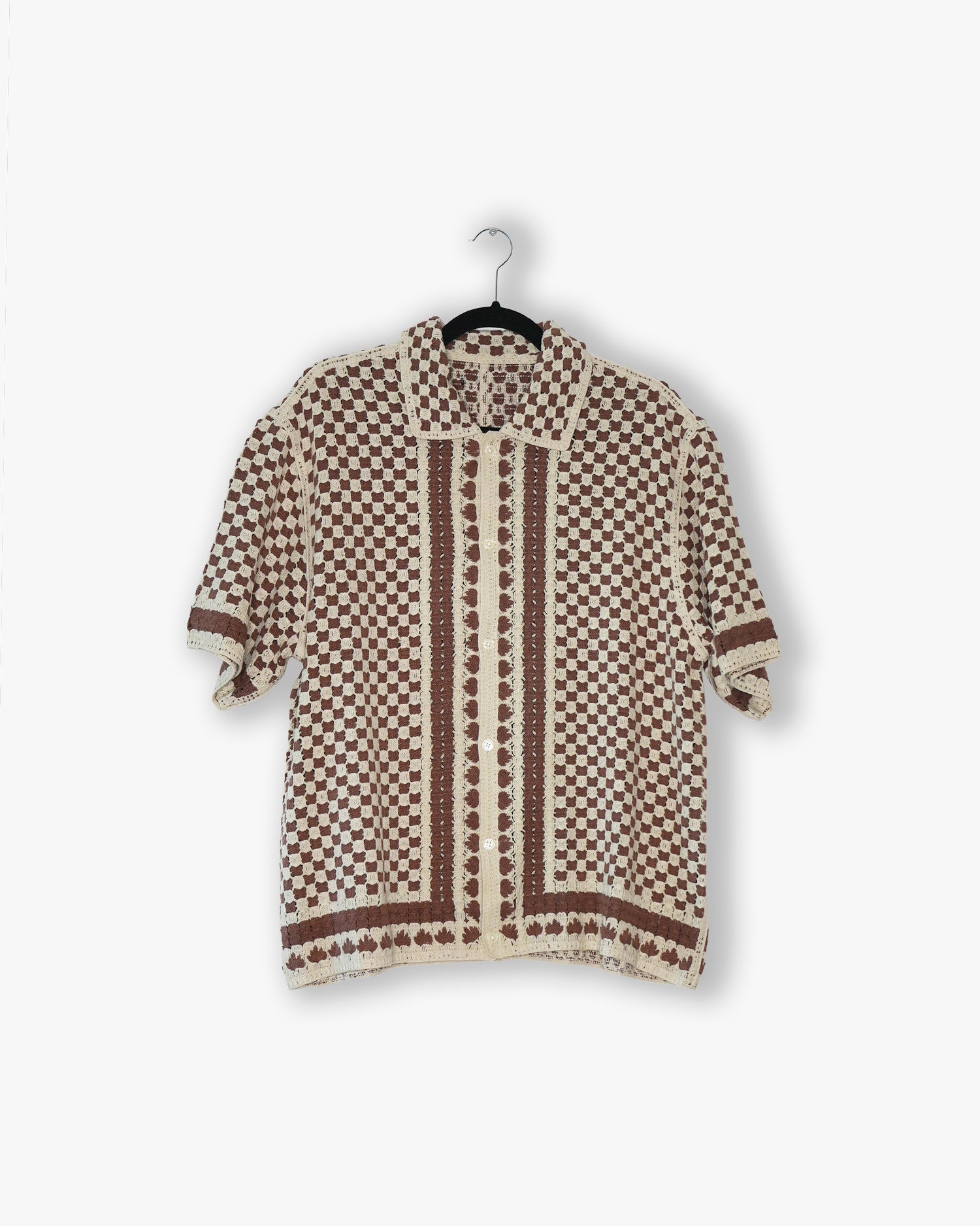 [#36] : Knitted Checker Short Sleeve Button Up – Neutrals – L