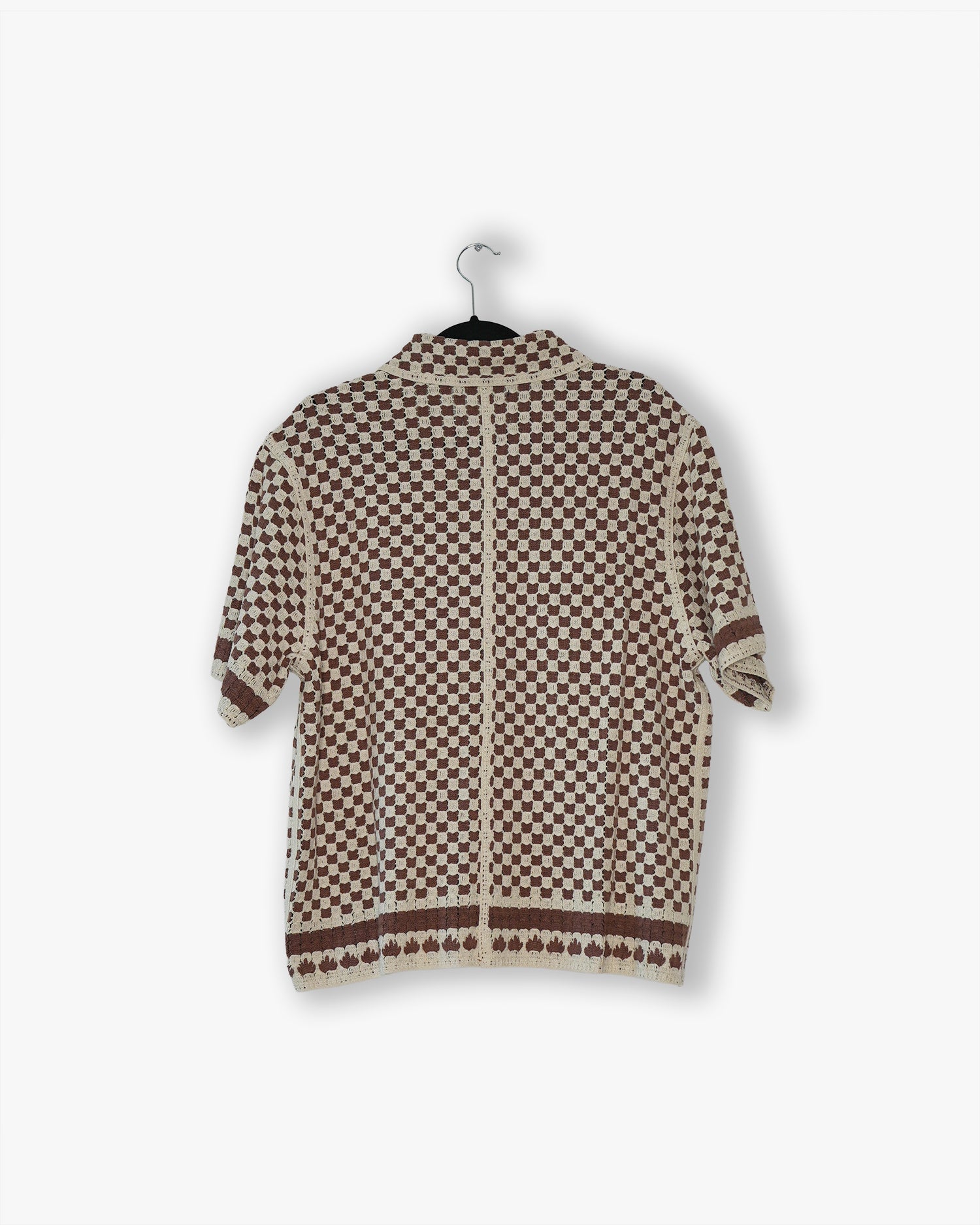 [#36] : Knitted Checker Short Sleeve Button Up – Neutrals – L