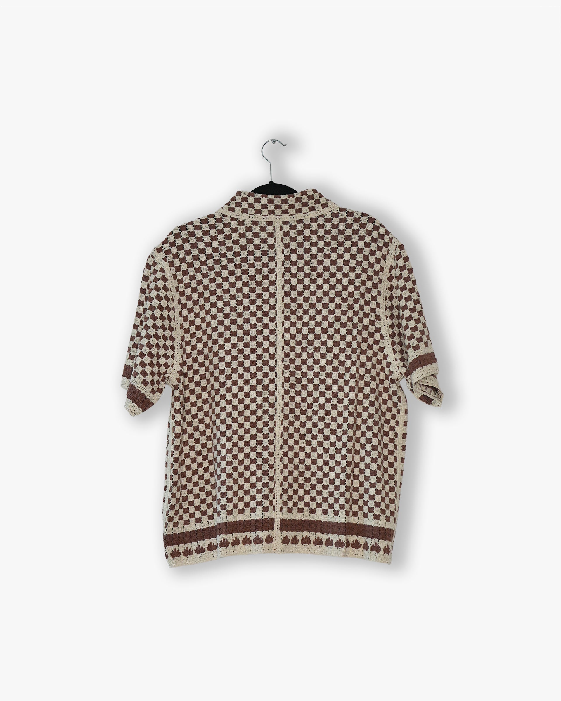 [#36] : Knitted Checker Short Sleeve Button Up – Neutrals – L