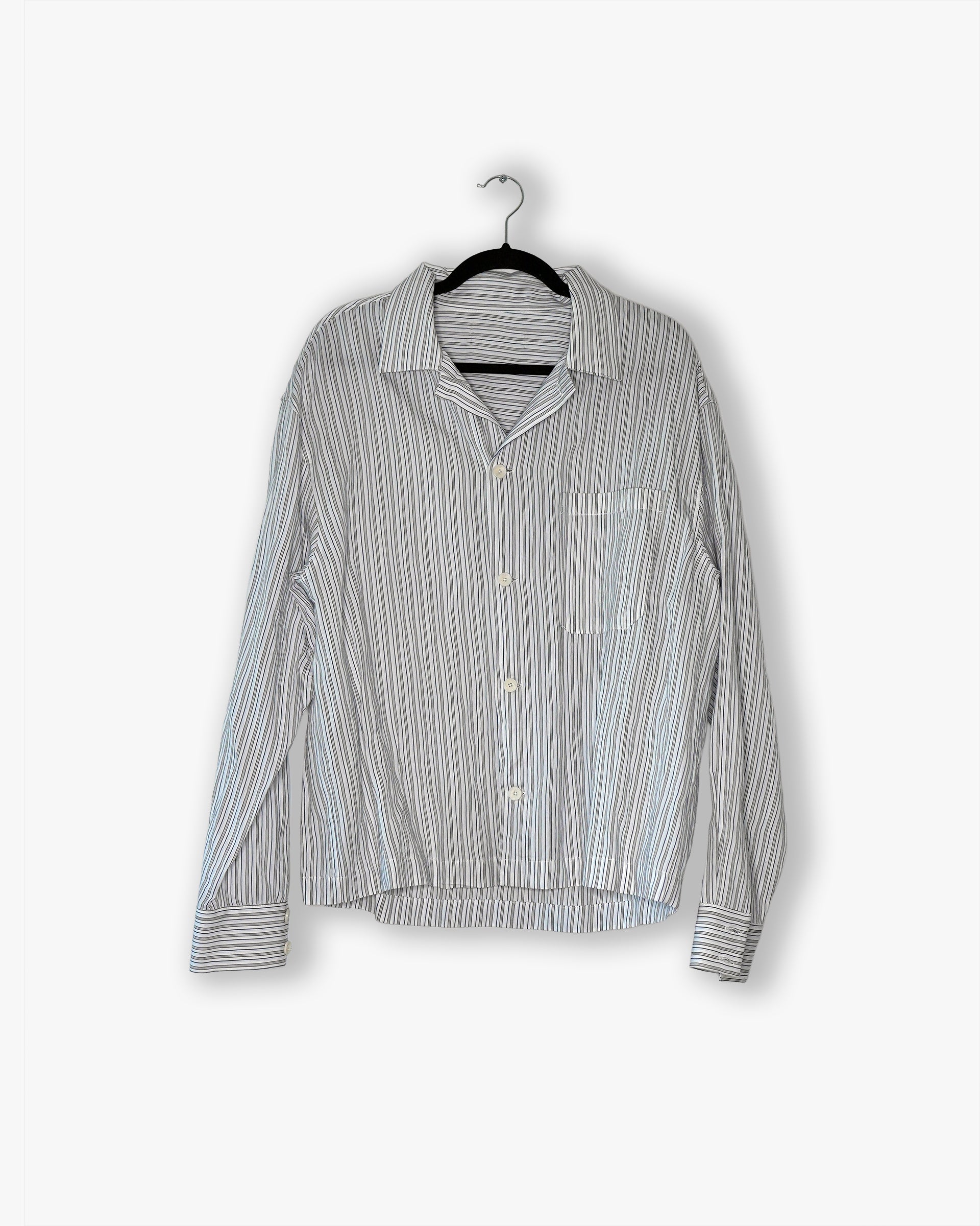 [#37] : Cropped Pinstripe Longsleeve Button Up – Neutral Pinstripe – L
