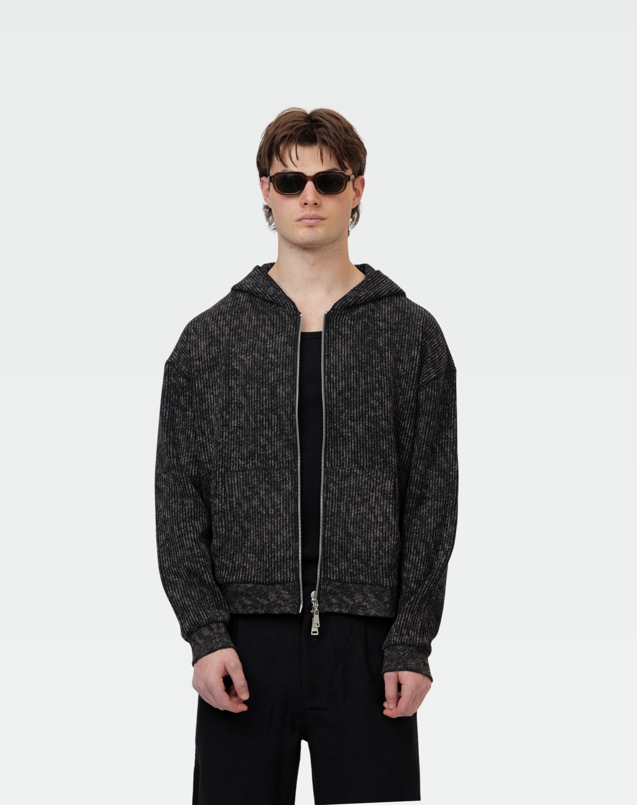 Crop Knitted Zip Up Hoodie : Black