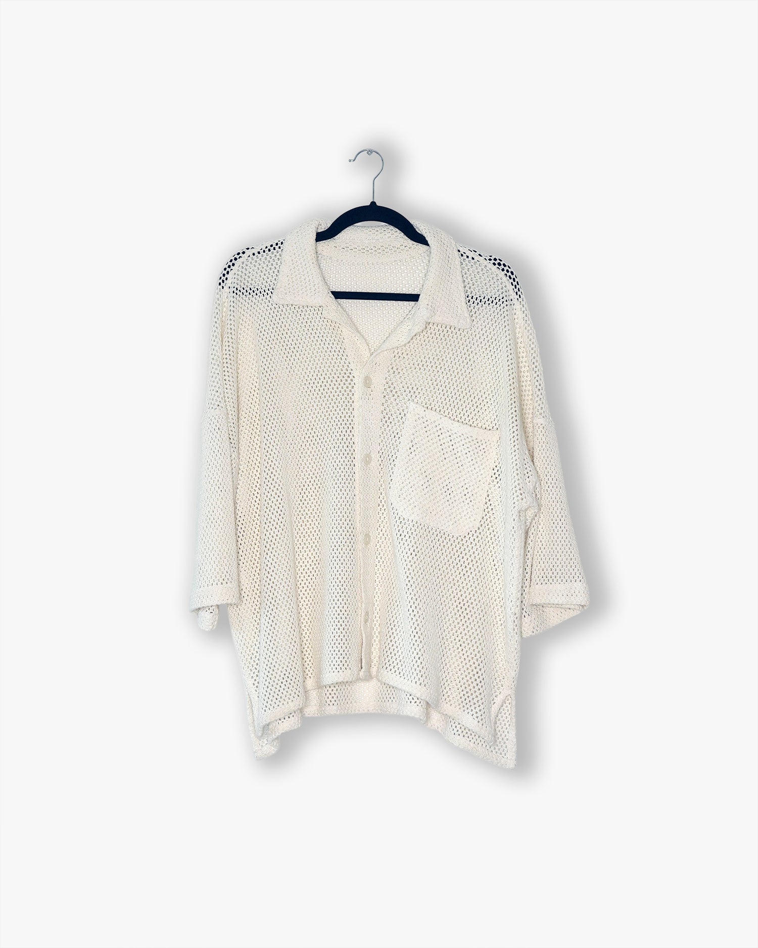 [#40] : Crochet Short Sleeve Button Down – White – L
