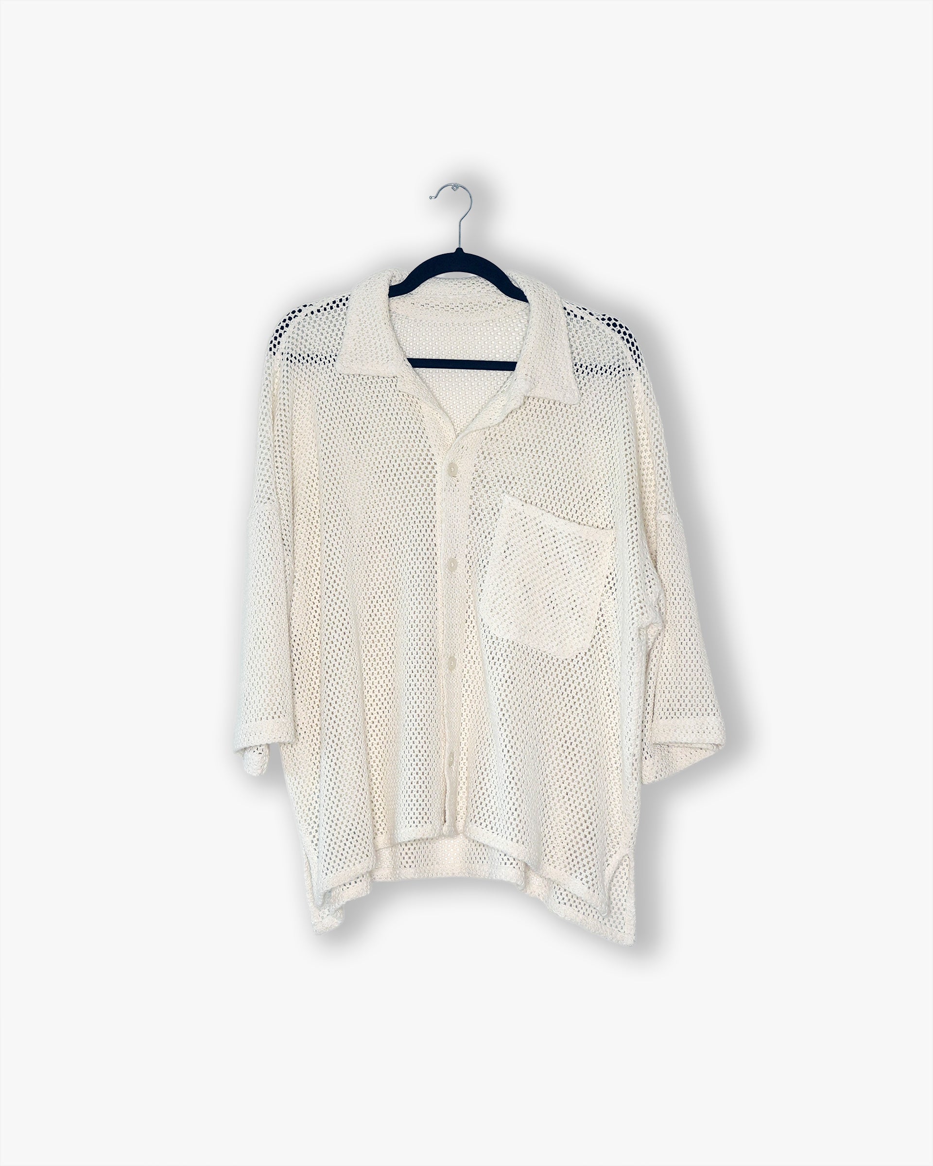 [#40] : Crochet Short Sleeve Button Down – White – L