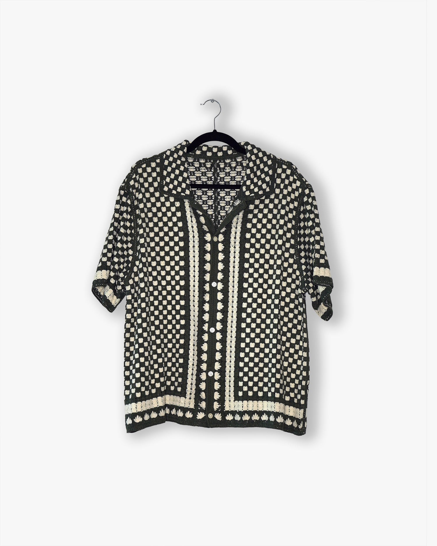[#45] : Knitted Checker Short Sleeve Button Up – Black/White – L