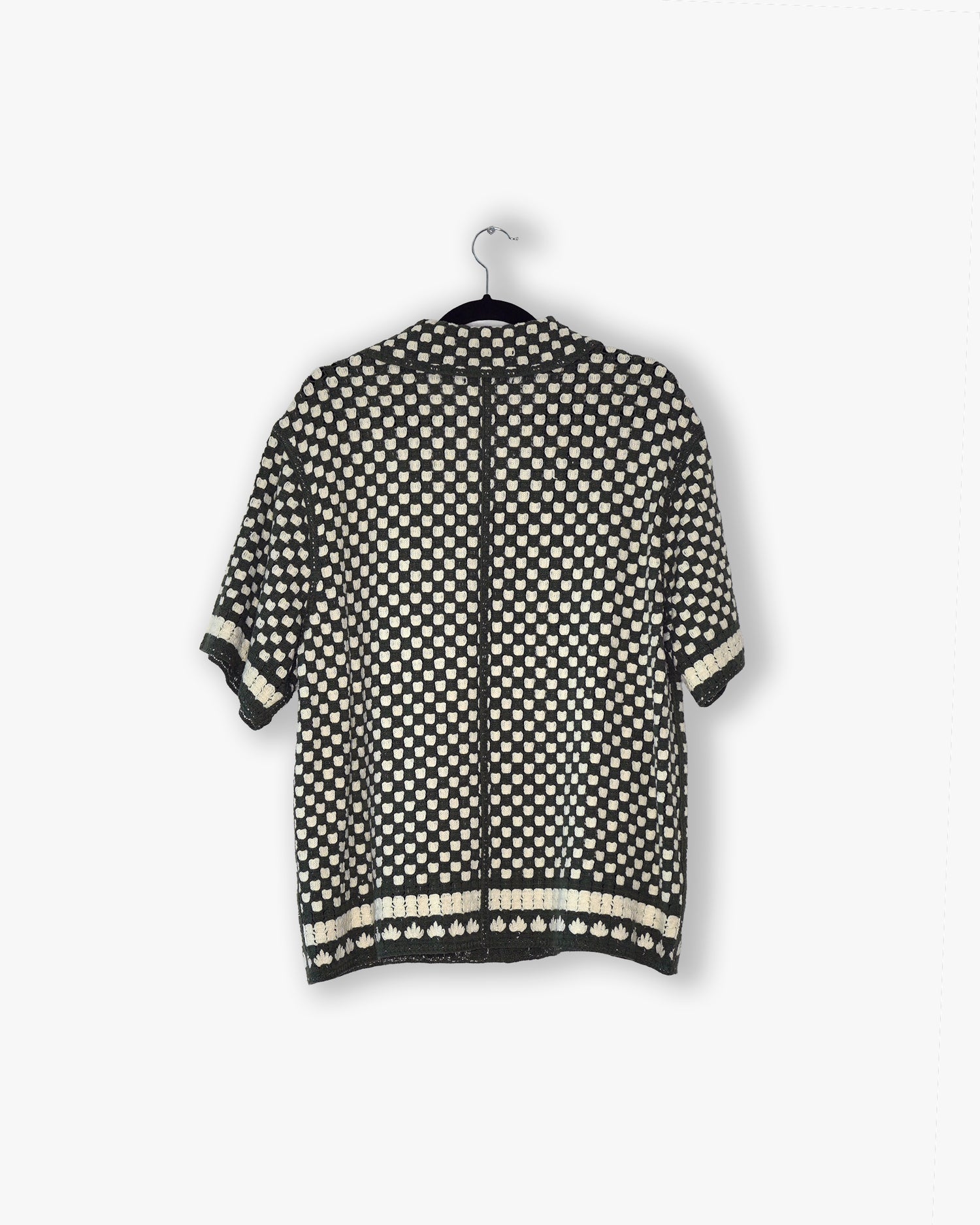 [#45] : Knitted Checker Short Sleeve Button Up – Black/White – L
