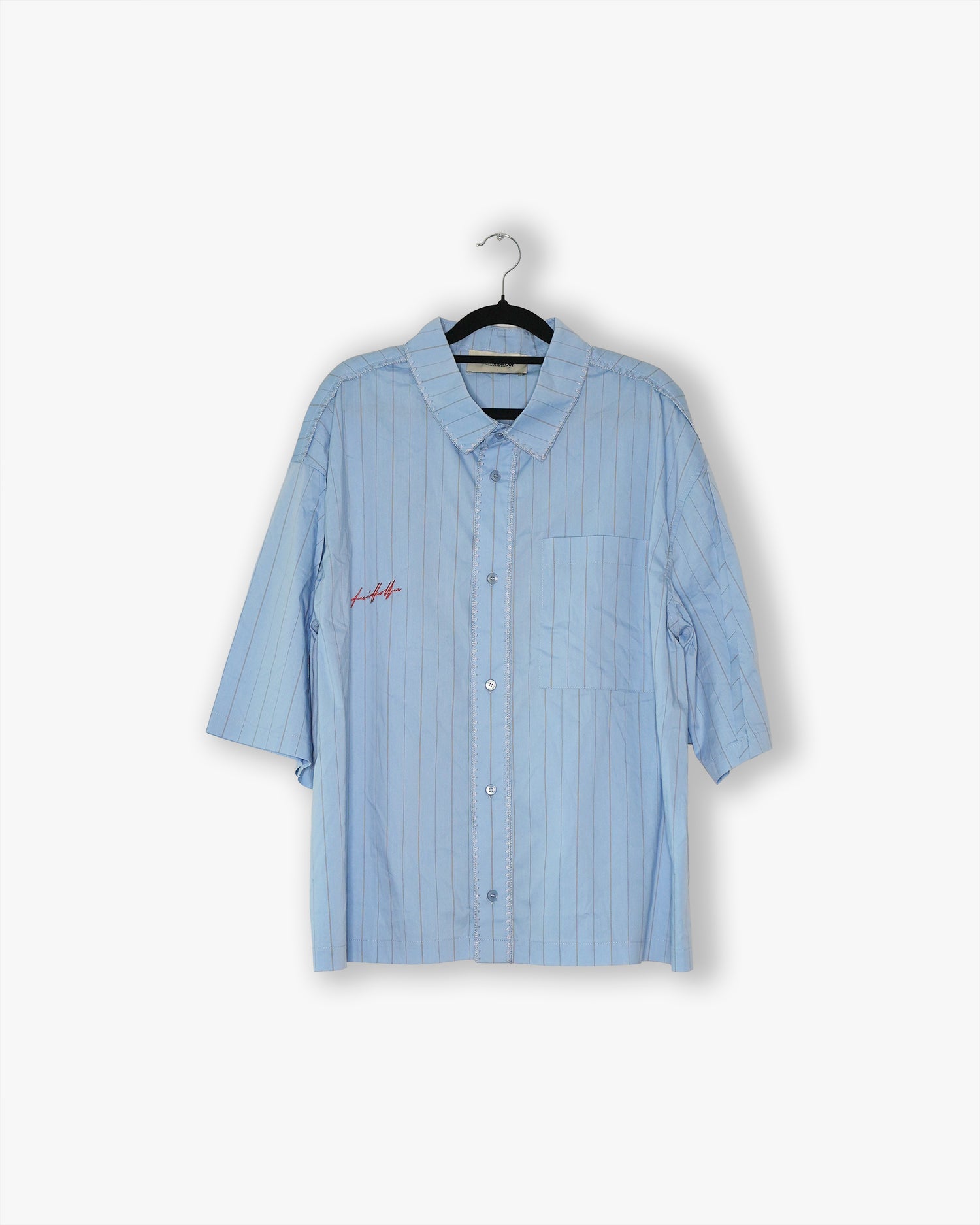 [#47] : Disco Hotel Boxy Short Sleeve Button Up Shirt – Blue Pinstripe – L