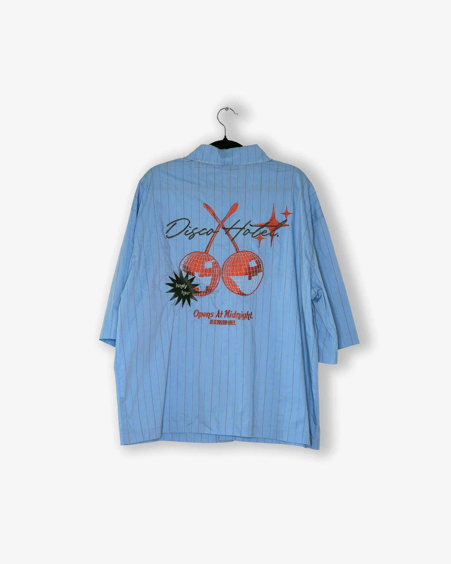 [#47] : Disco Hotel Boxy Short Sleeve Button Up Shirt – Blue Pinstripe – L