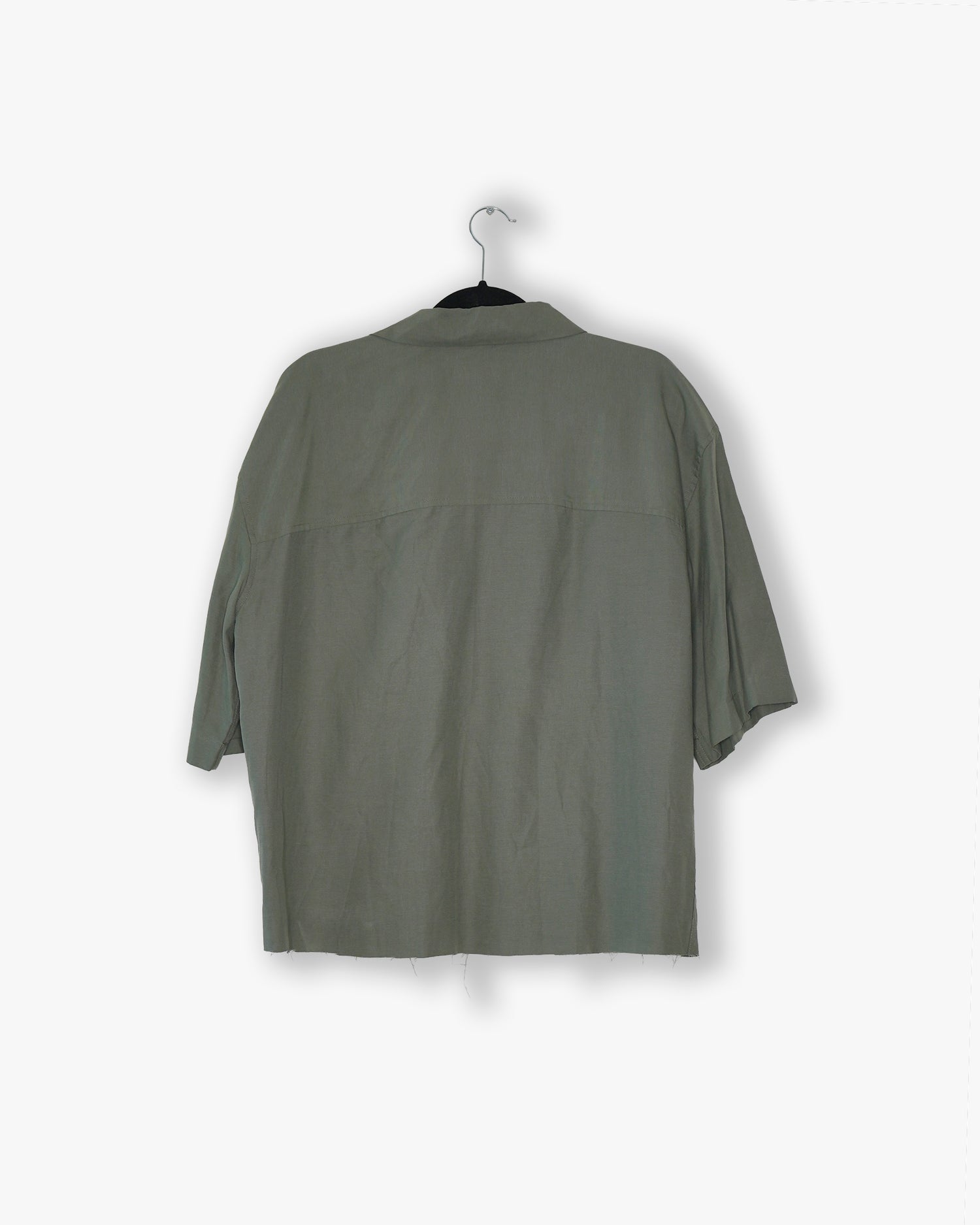 [#48] : Cropped Boxy Short Sleeve Button Up Shirt – Olive Green – L