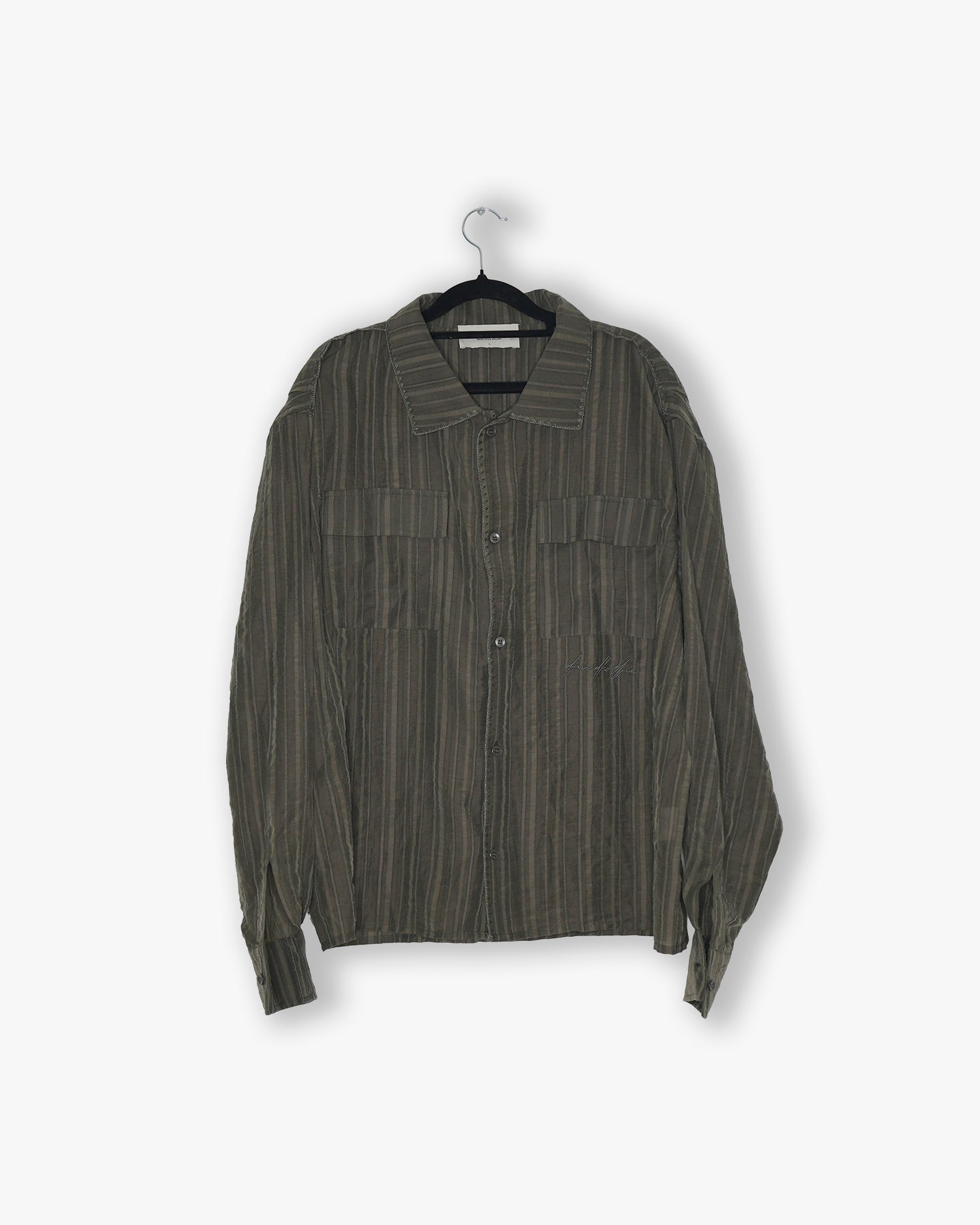[#49] : Cropped Striped Long Sleeve Button Up Shirt – Olive Green – L