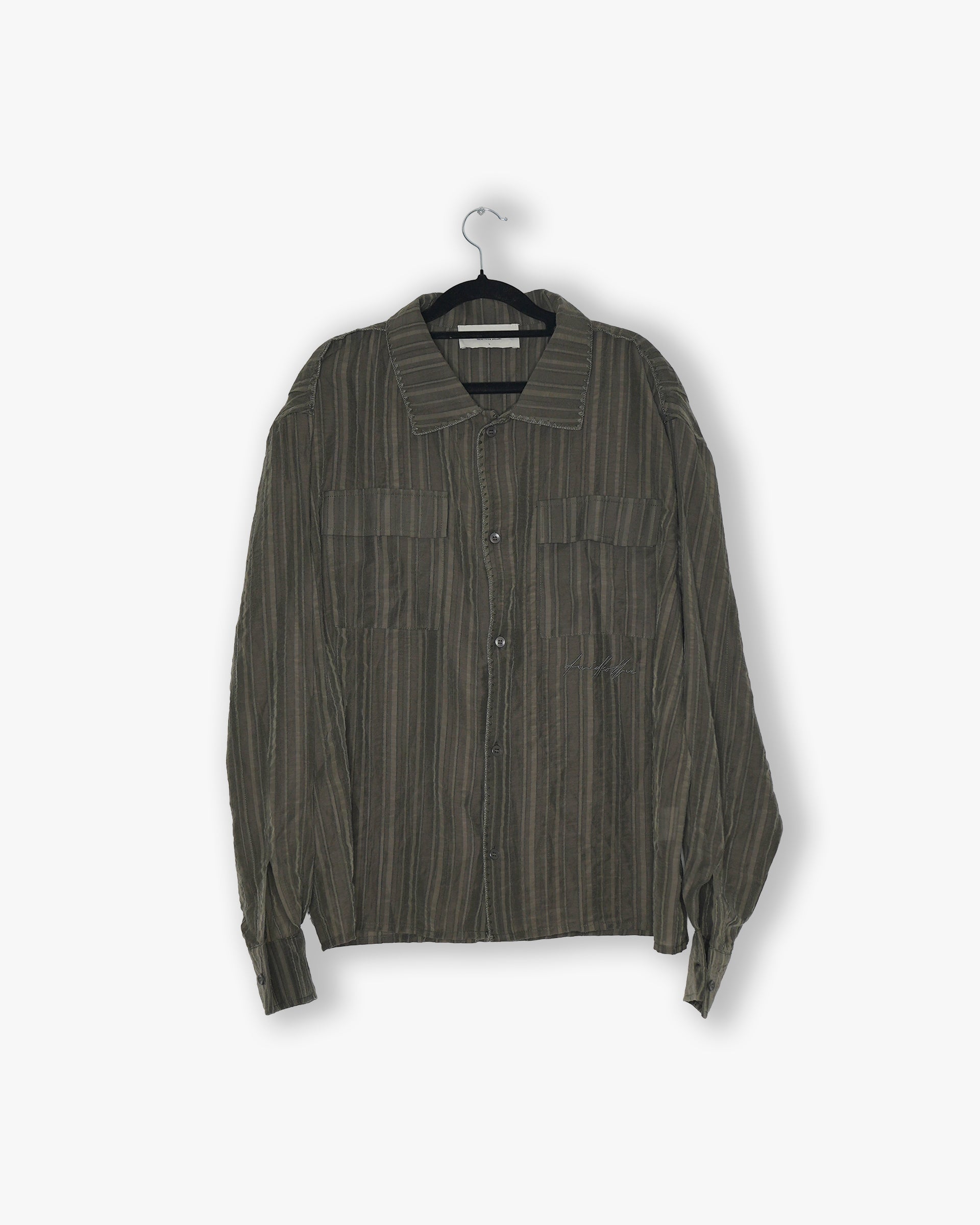[#49] : Cropped Striped Long Sleeve Button Up Shirt – Olive Green – L