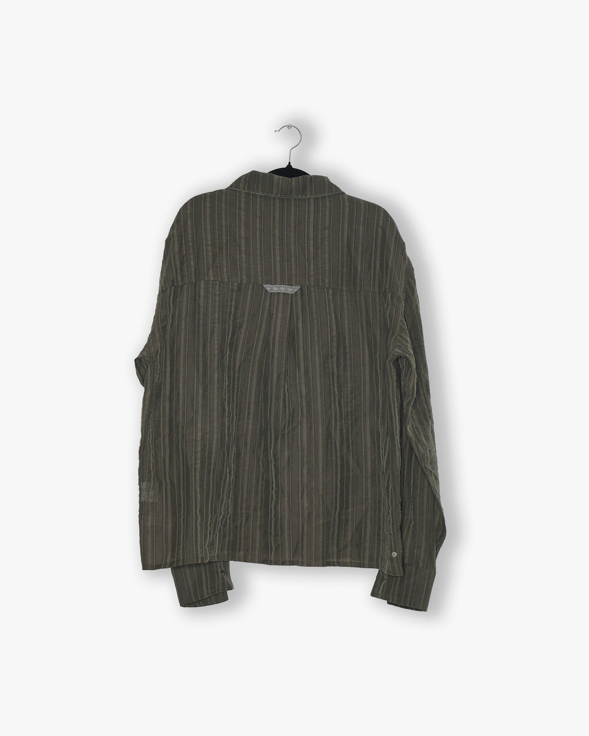 [#49] : Cropped Striped Long Sleeve Button Up Shirt – Olive Green – L