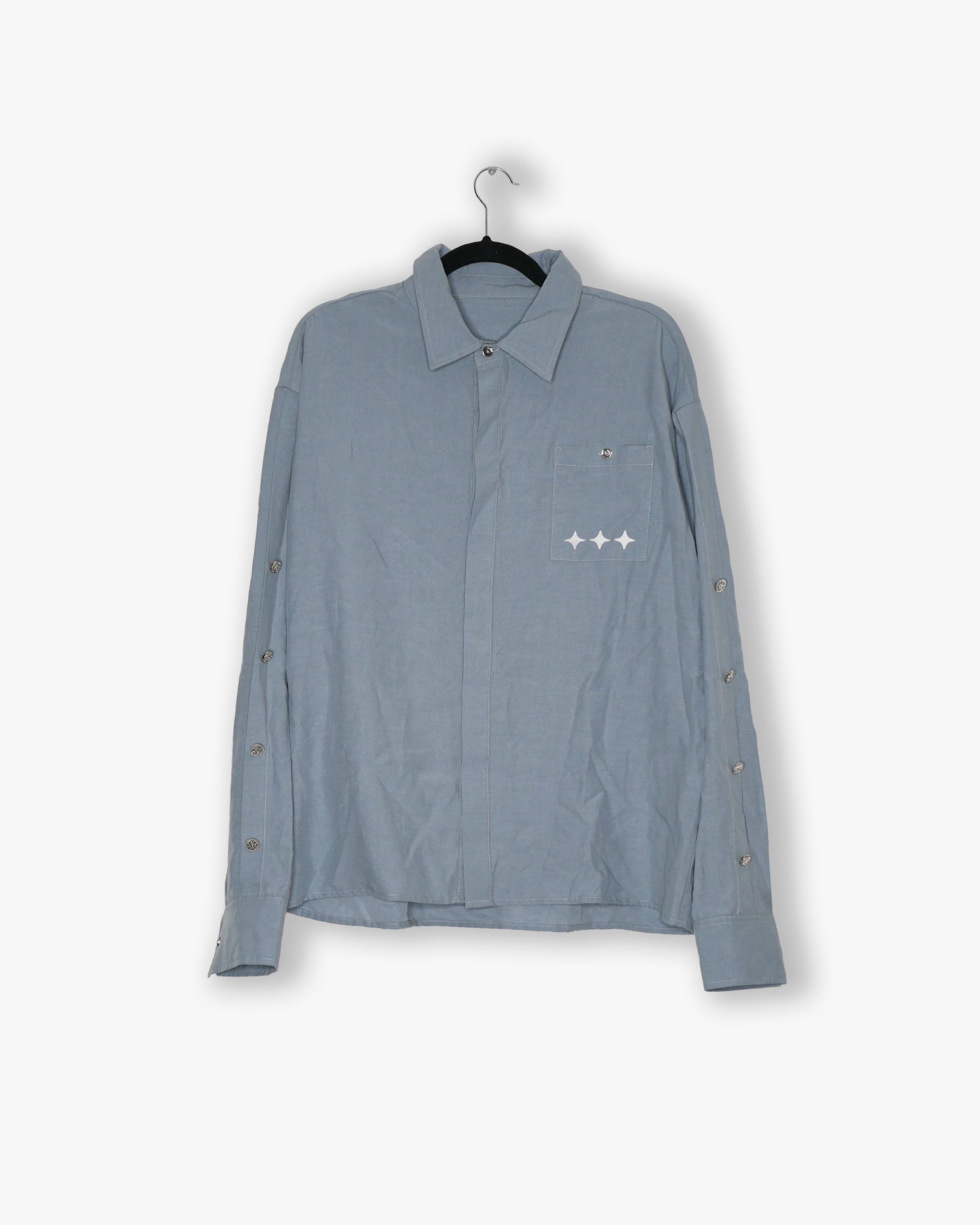 [#52] : Cropped Long Sleeve Button Up Shirt – Blue – L