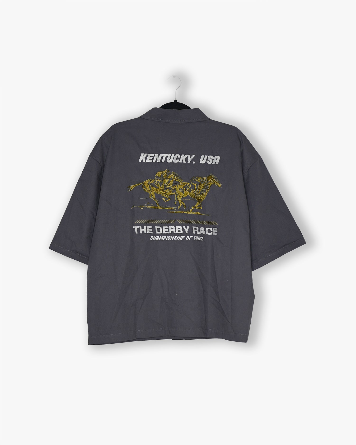 [#53] : Kentucky Derby Boxy Short Sleeve Button Up Shirt – Dark Grey – L