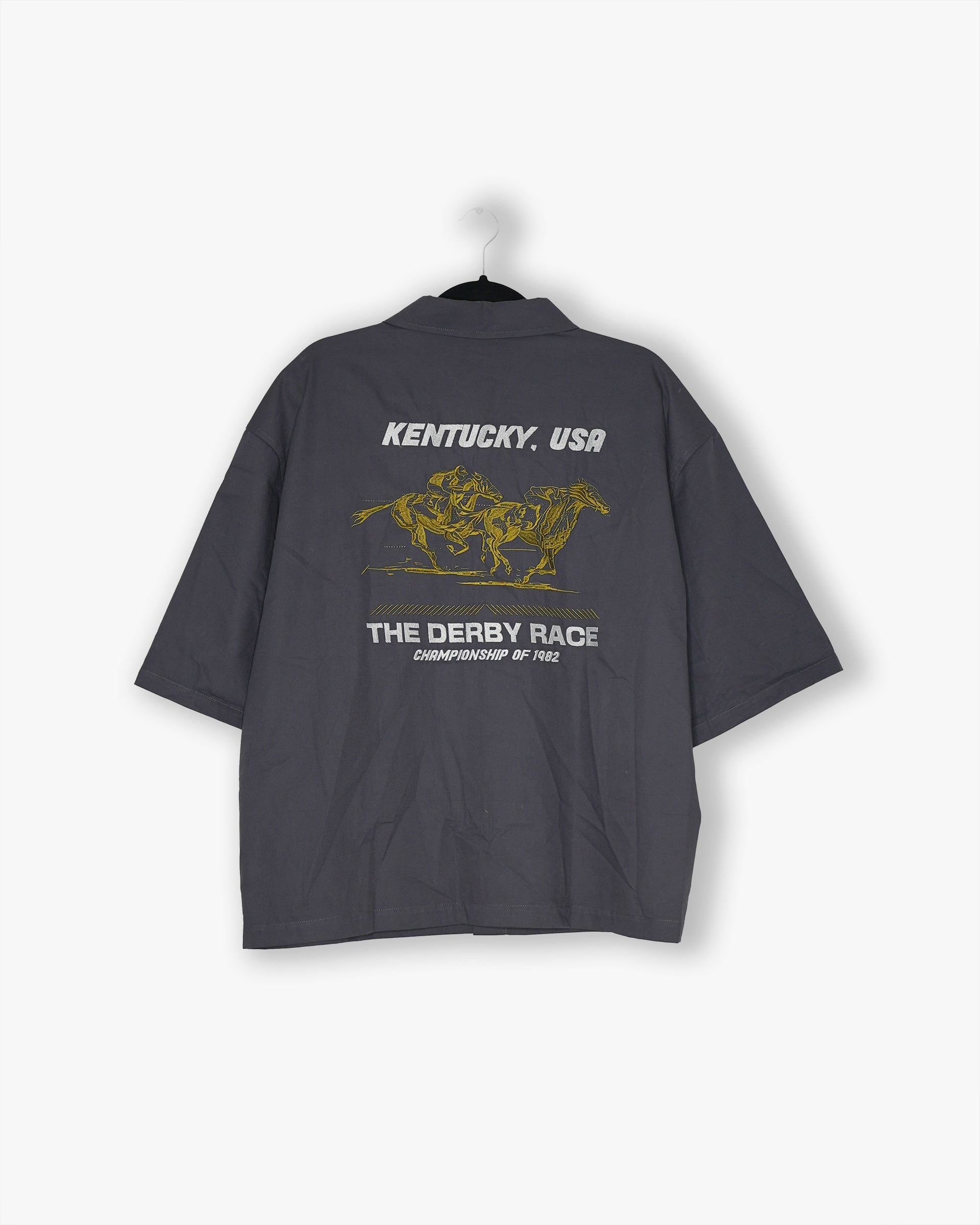 [#53] : Kentucky Derby Boxy Short Sleeve Button Up Shirt – Dark Grey – L