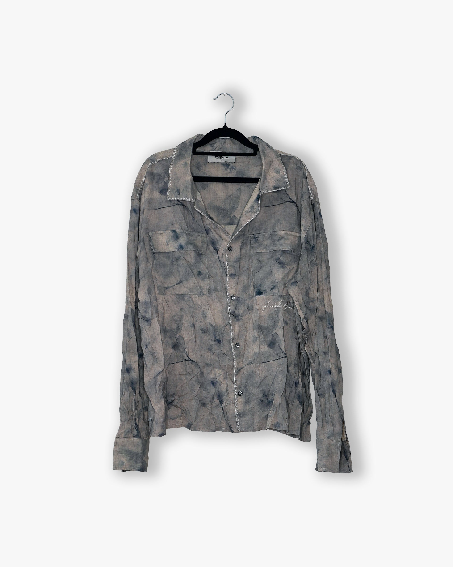 [#82] : Printed Longsleeve Button Up Shirt – Floral Grey – L