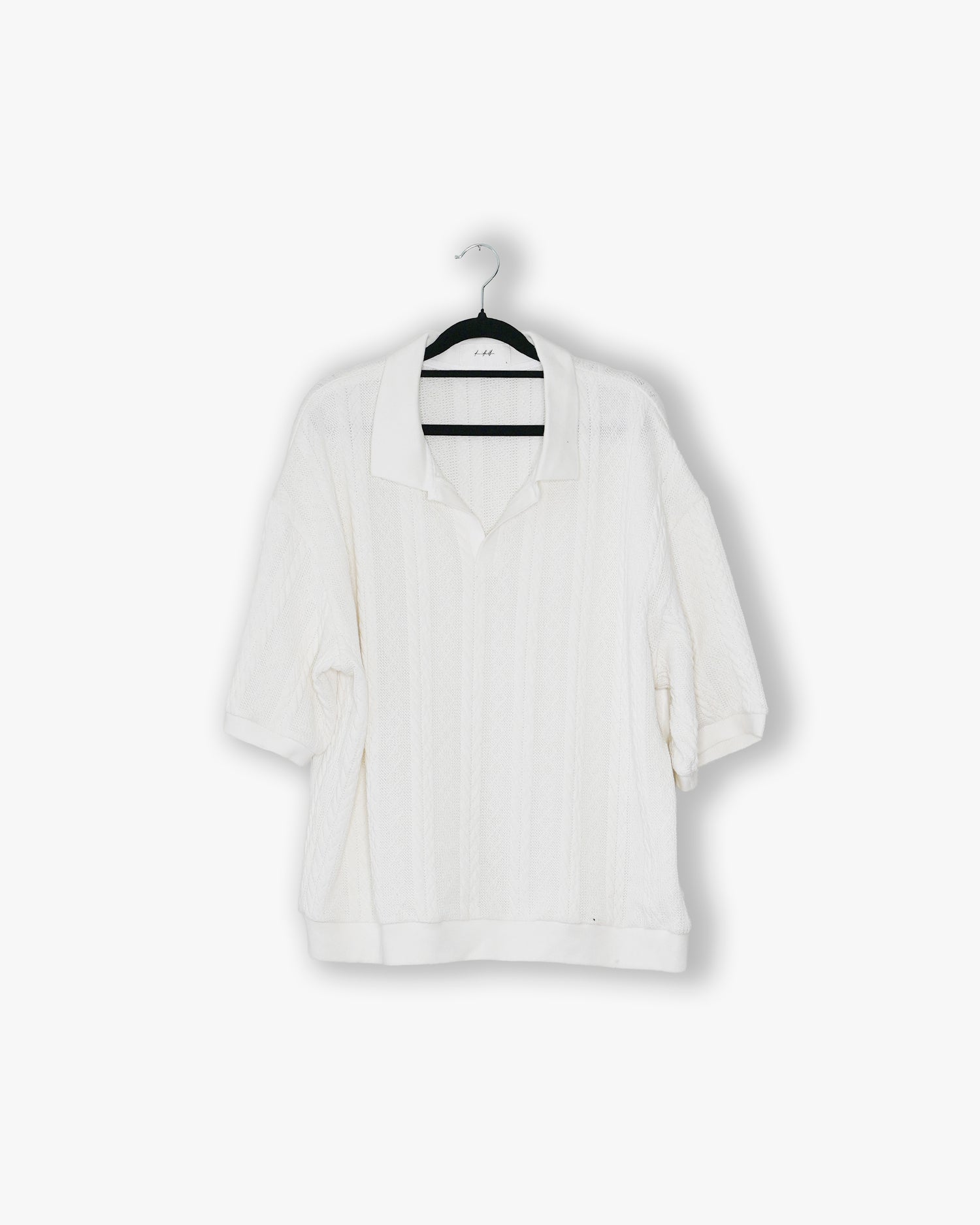 [#86] : Striped Knit Short Sleeve Polo Shirt – White – L