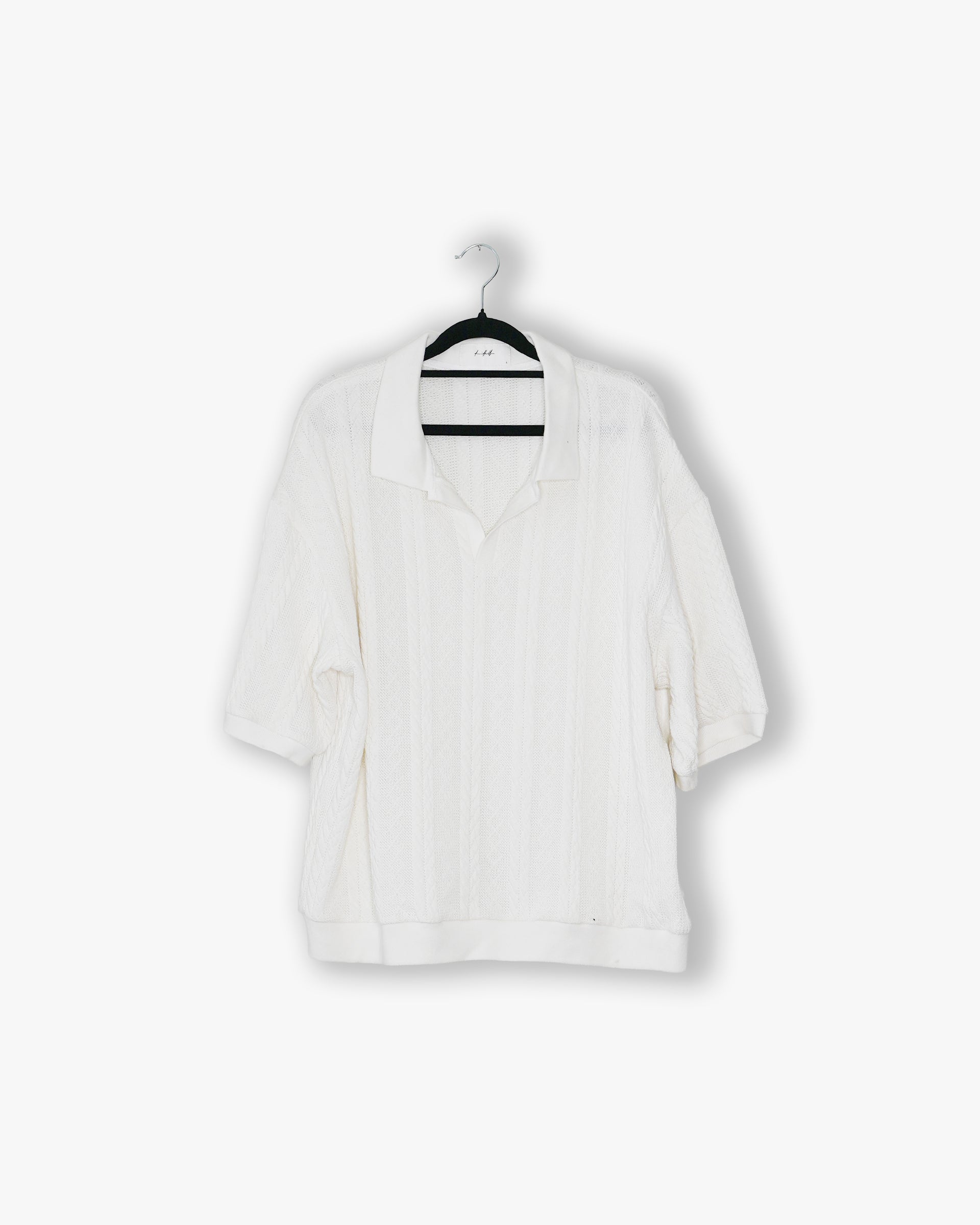 [#86] : Striped Knit Short Sleeve Polo Shirt – White – L