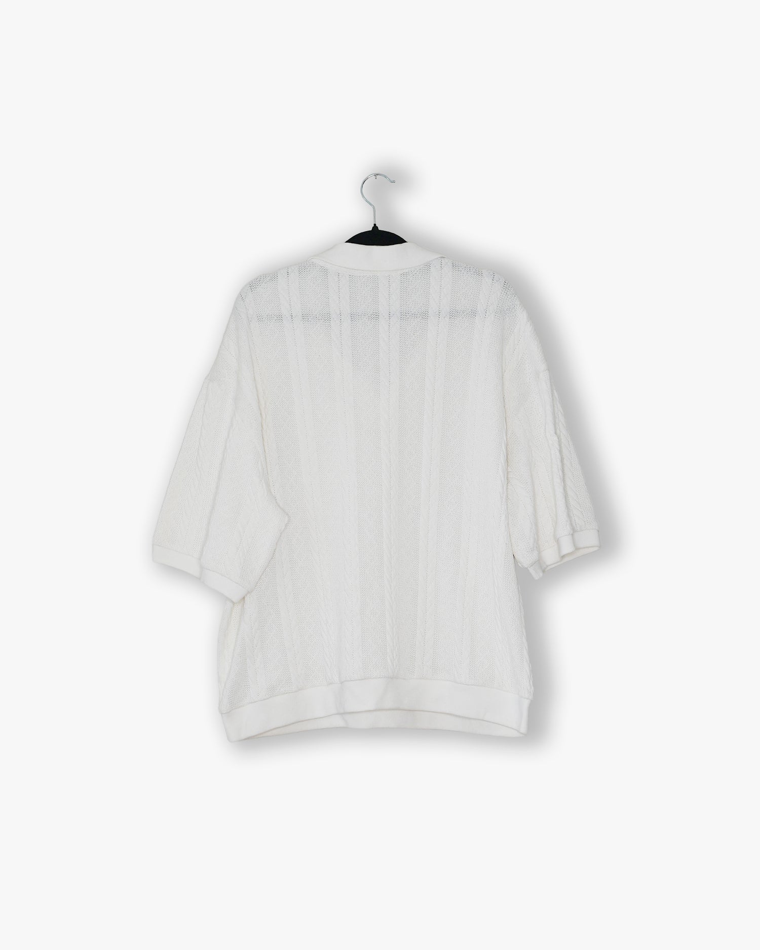 [#86] : Striped Knit Short Sleeve Polo Shirt – White – L