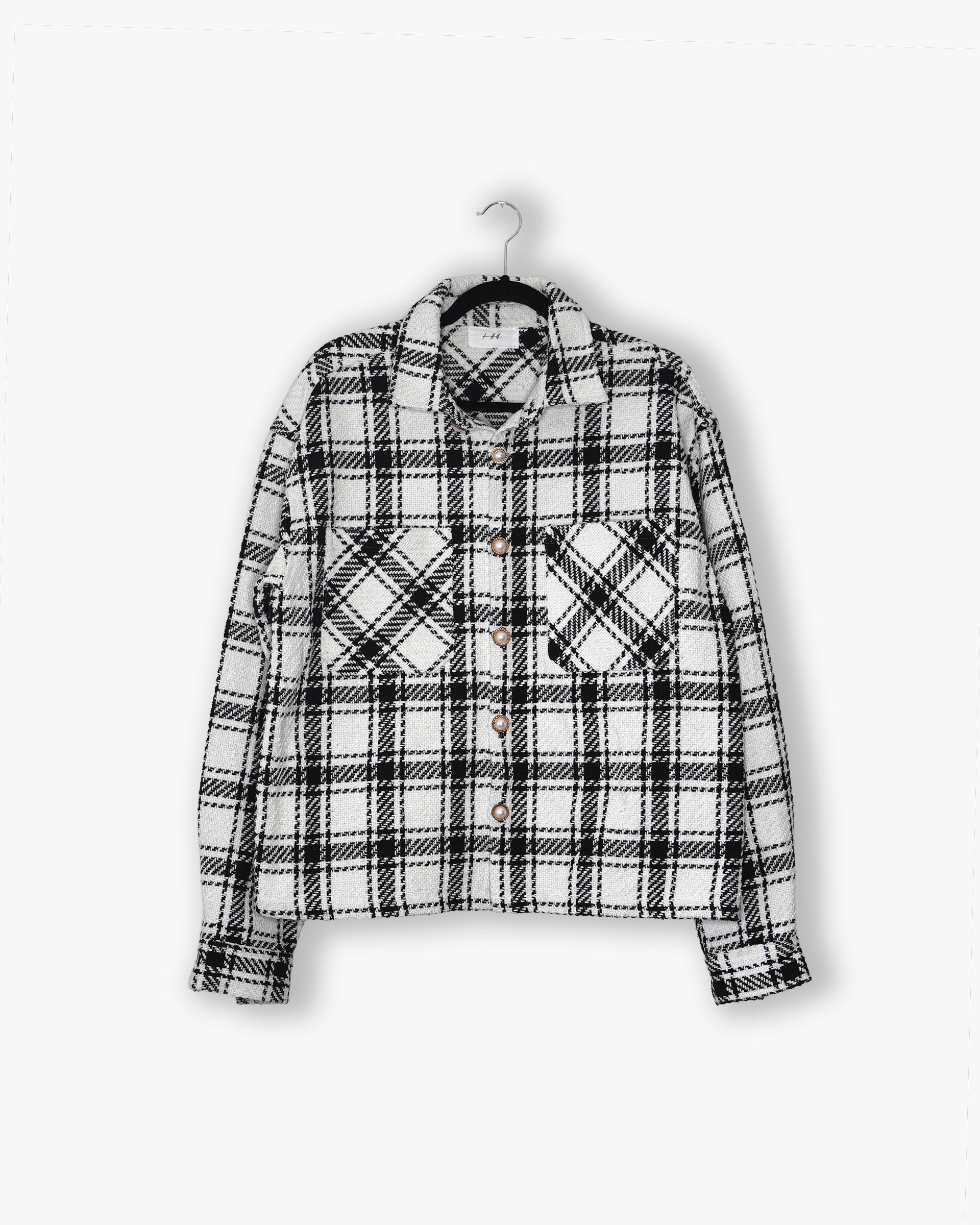 [#93] : Plaid Cropped Jacket – White/Black Plaid – L