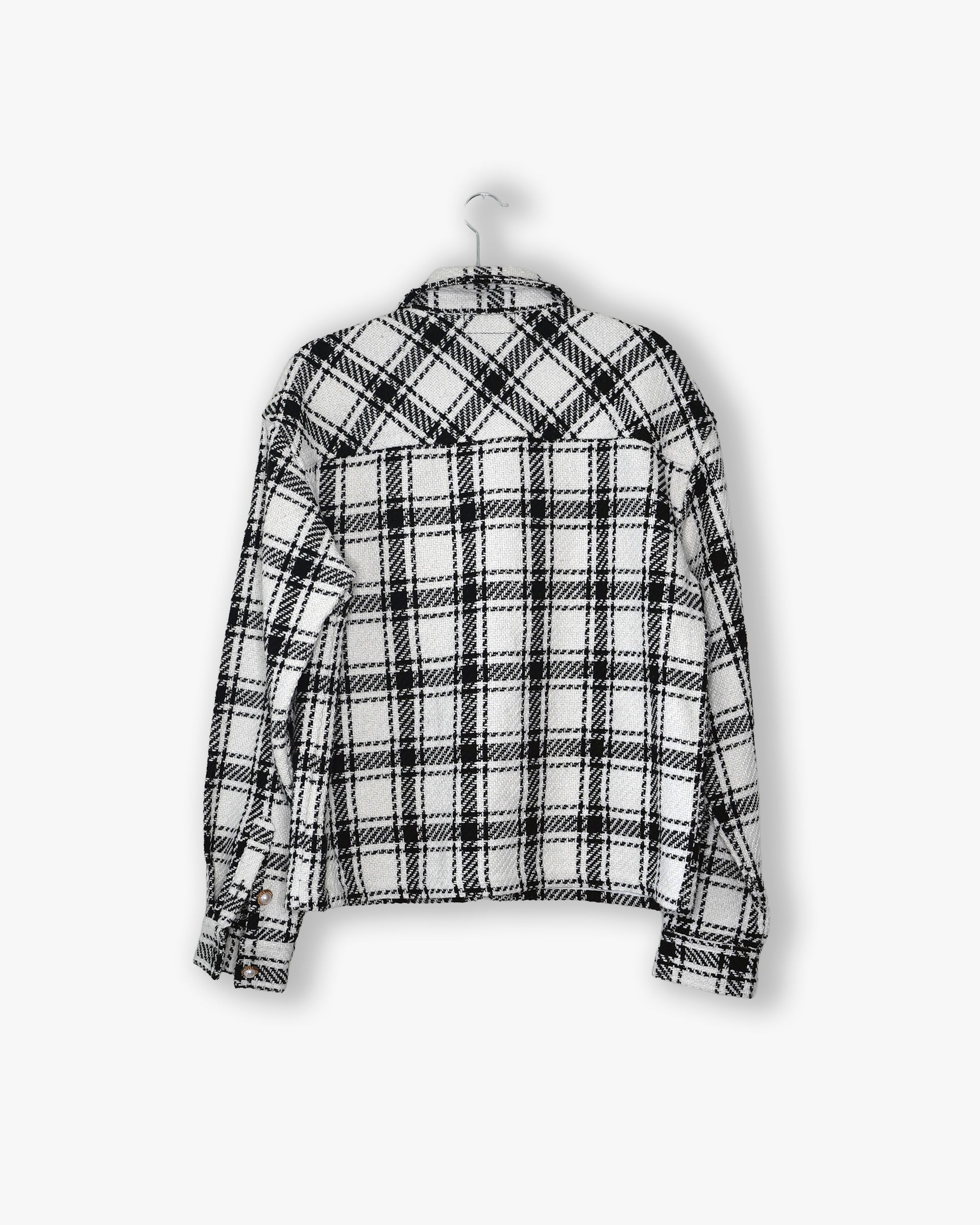 [#93] : Plaid Cropped Jacket – White/Black Plaid – L